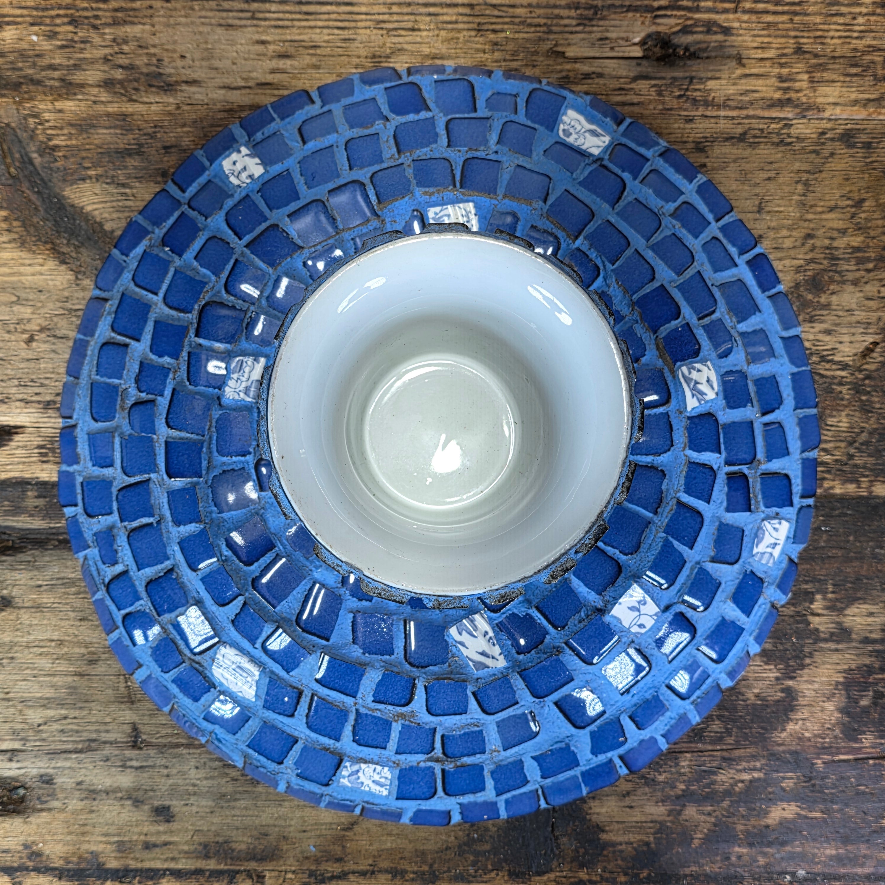 Mosaic Tile Pedestal Bowl Cobalt Blue Red Heart Handcrafted Decorative Dish 11"