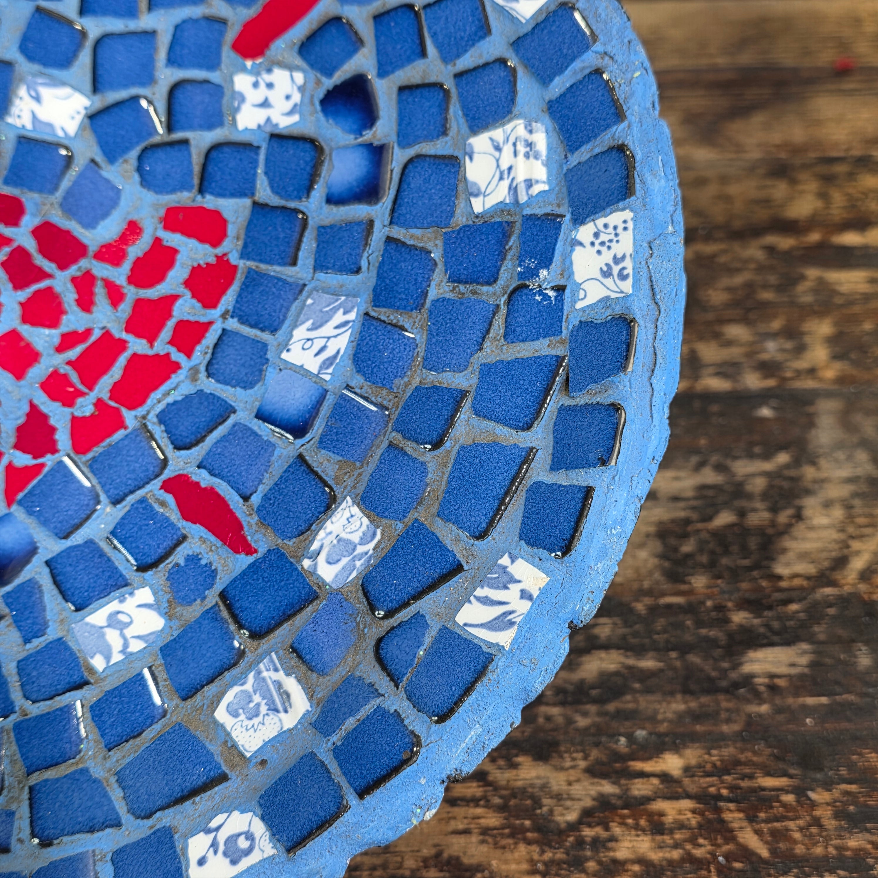 Mosaic Tile Pedestal Bowl Cobalt Blue Red Heart Handcrafted Decorative Dish 11"