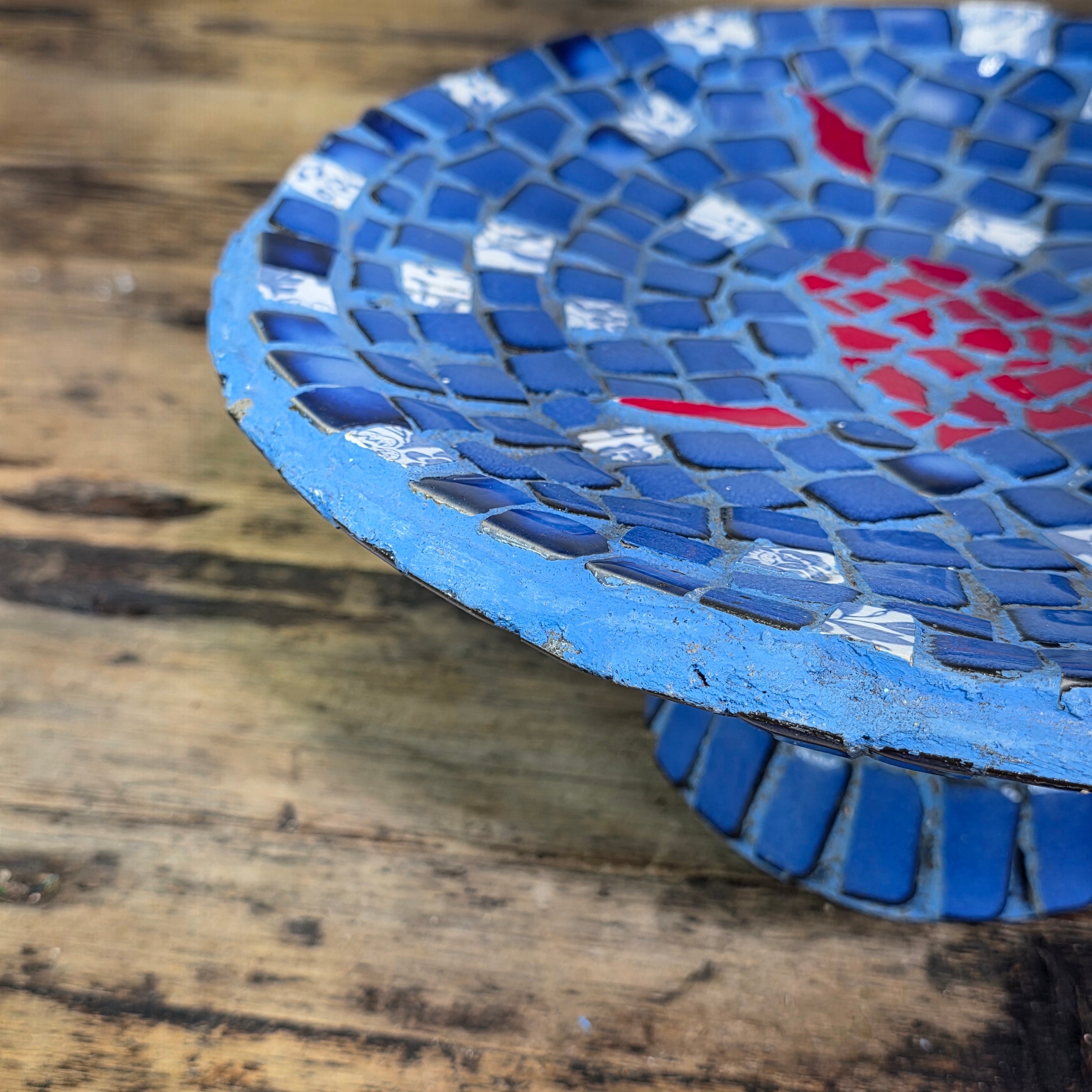 Mosaic Tile Pedestal Bowl Cobalt Blue Red Heart Handcrafted Decorative Dish 11"
