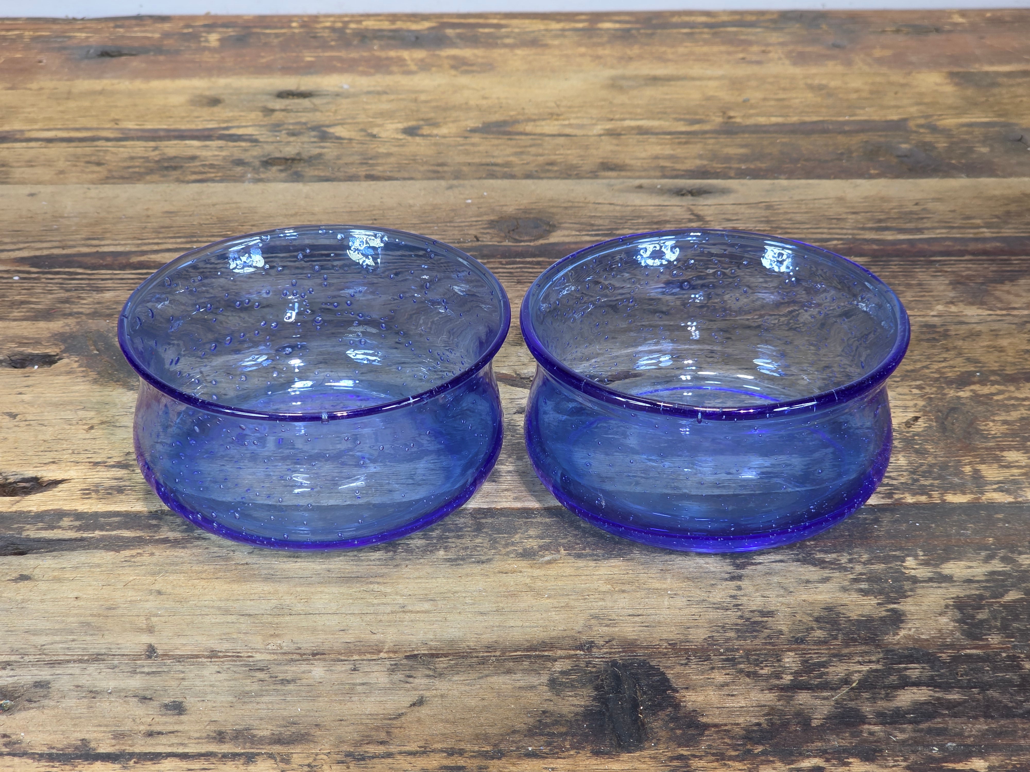 Vintage Cobalt Blue Seeded Glass Bowl Pair MCM Hand Blown Flared Small Catchall