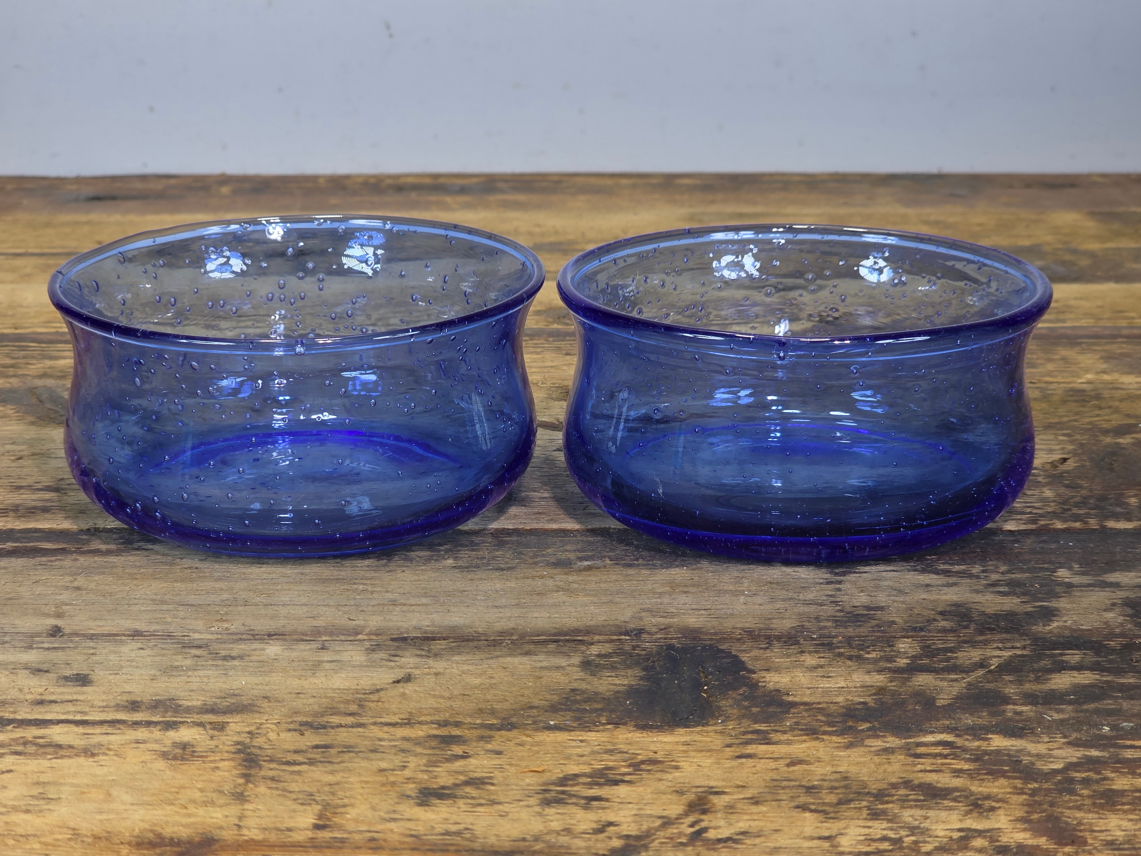Vintage Cobalt Blue Seeded Glass Bowl Pair MCM Hand Blown Flared Small Catchall