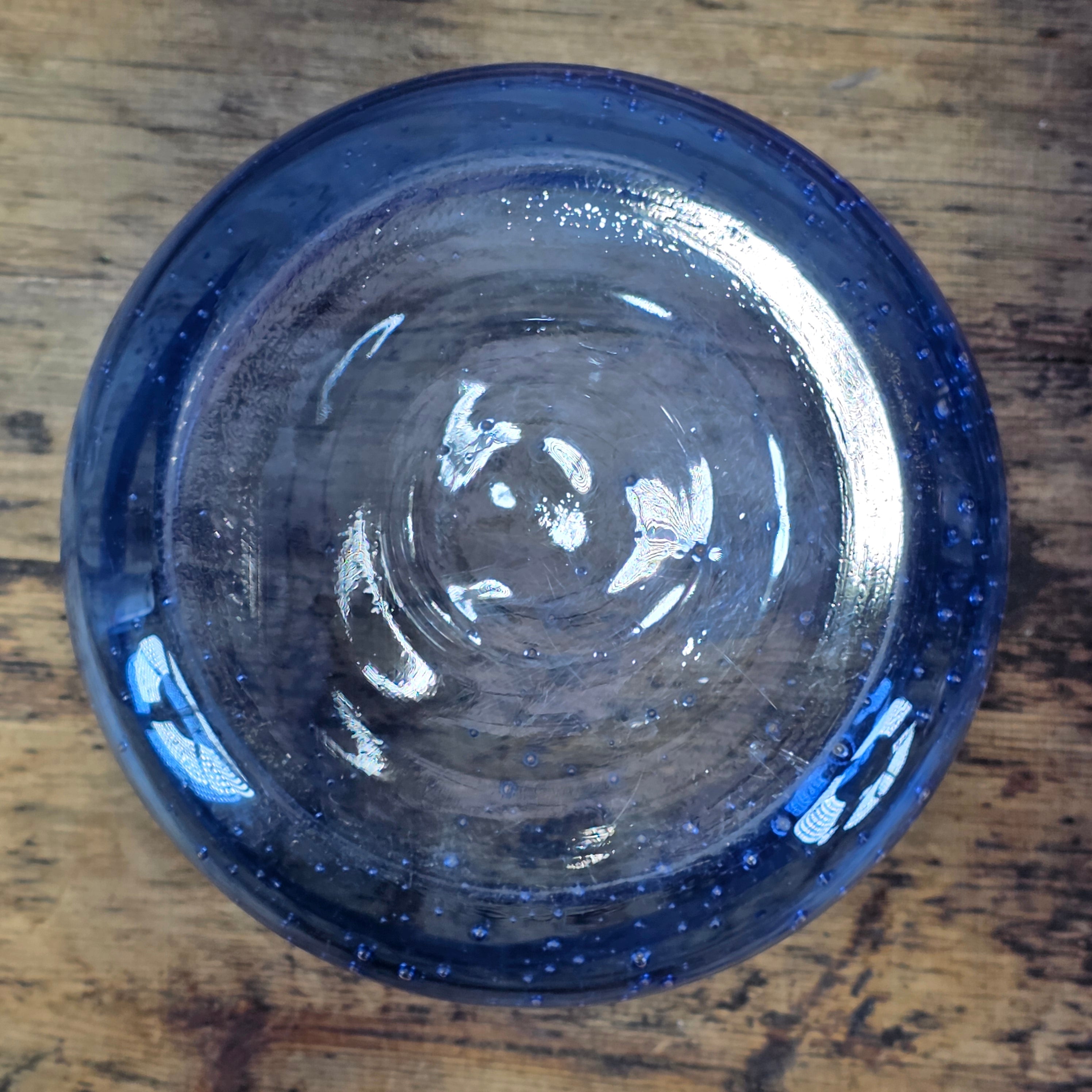 Vintage Cobalt Blue Seeded Glass Bowl Pair MCM Hand Blown Flared Small Catchall