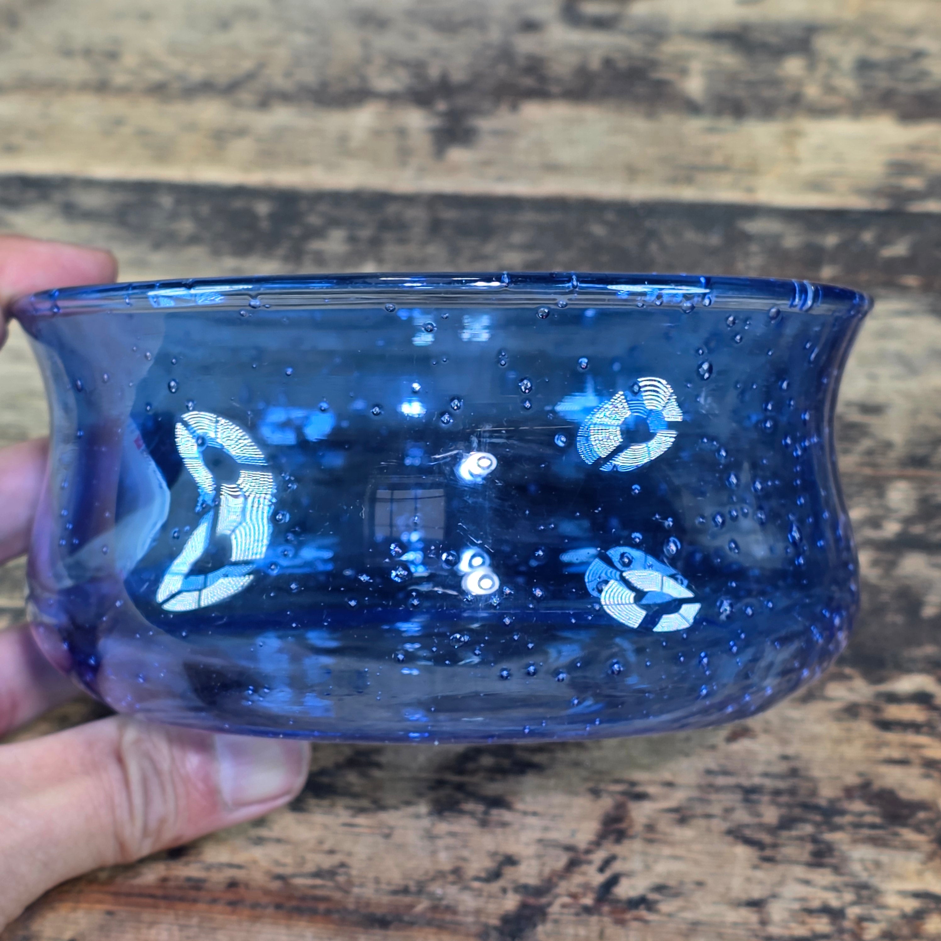 Vintage Cobalt Blue Seeded Glass Bowl Pair MCM Hand Blown Flared Small Catchall