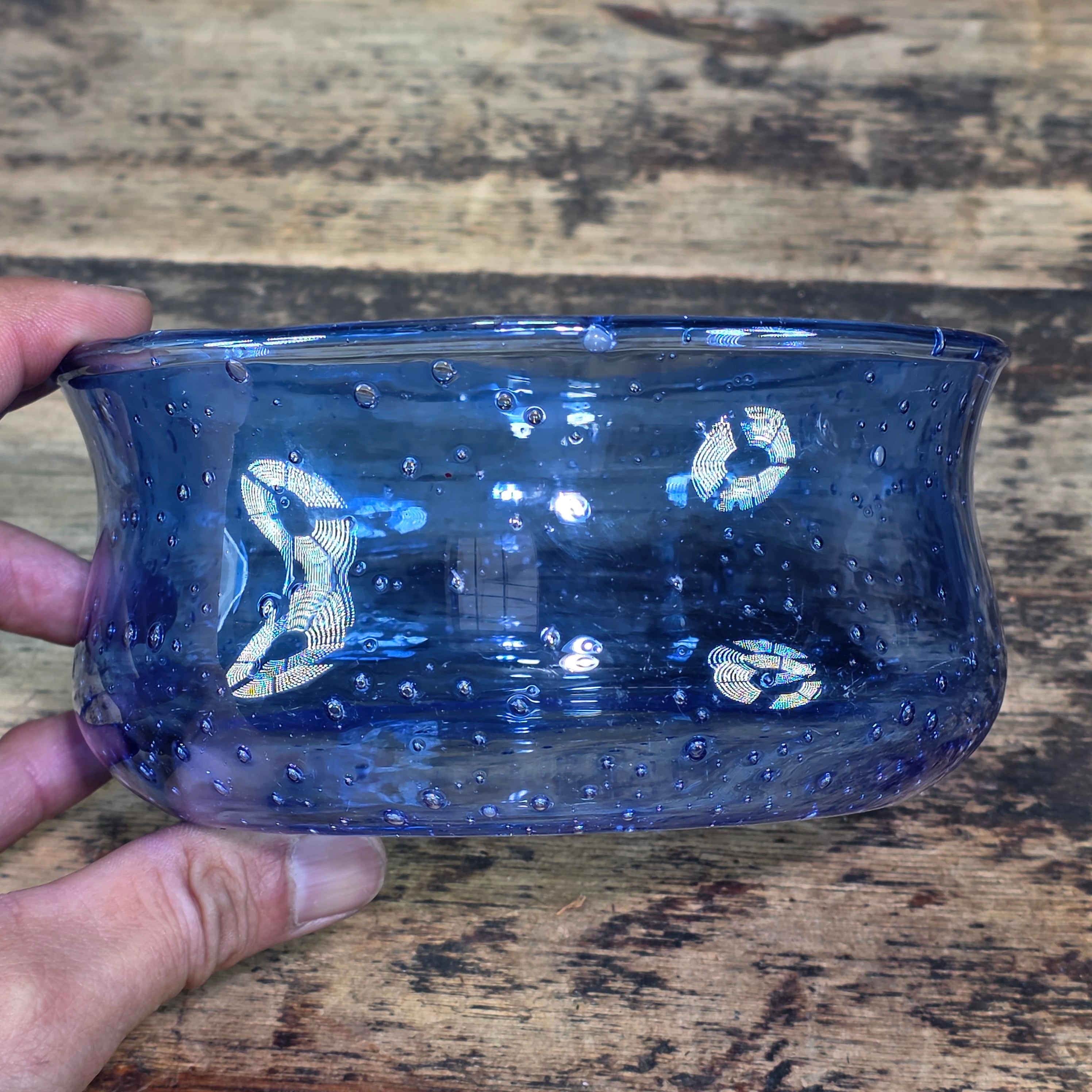 Vintage Cobalt Blue Seeded Glass Bowl Pair MCM Hand Blown Flared Small Catchall