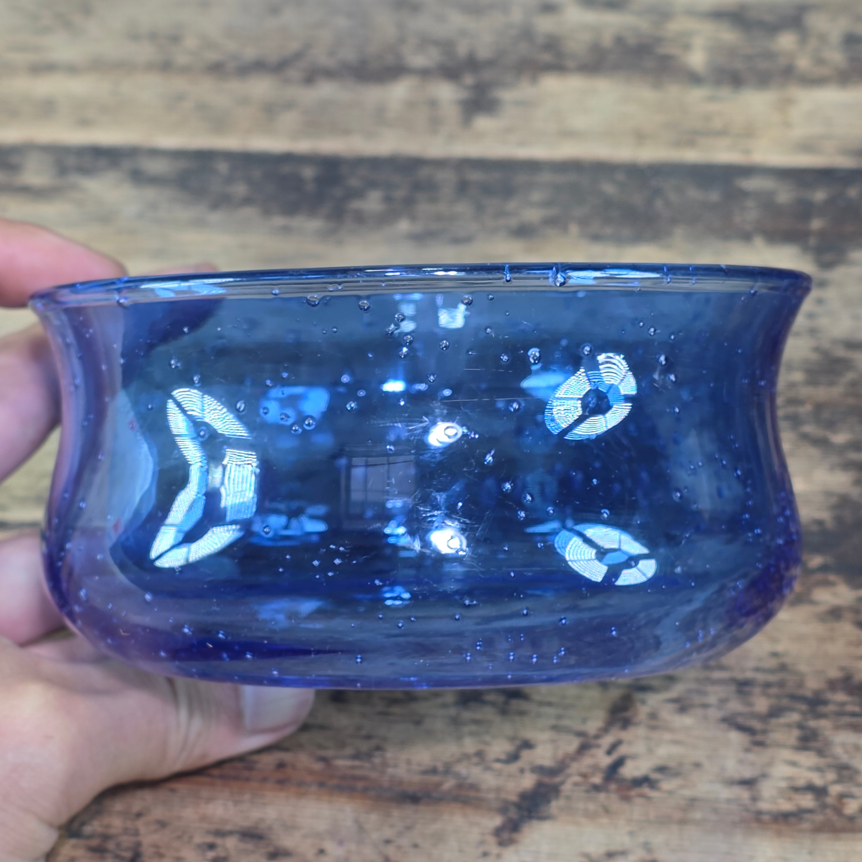 Vintage Cobalt Blue Seeded Glass Bowl Pair MCM Hand Blown Flared Small Catchall