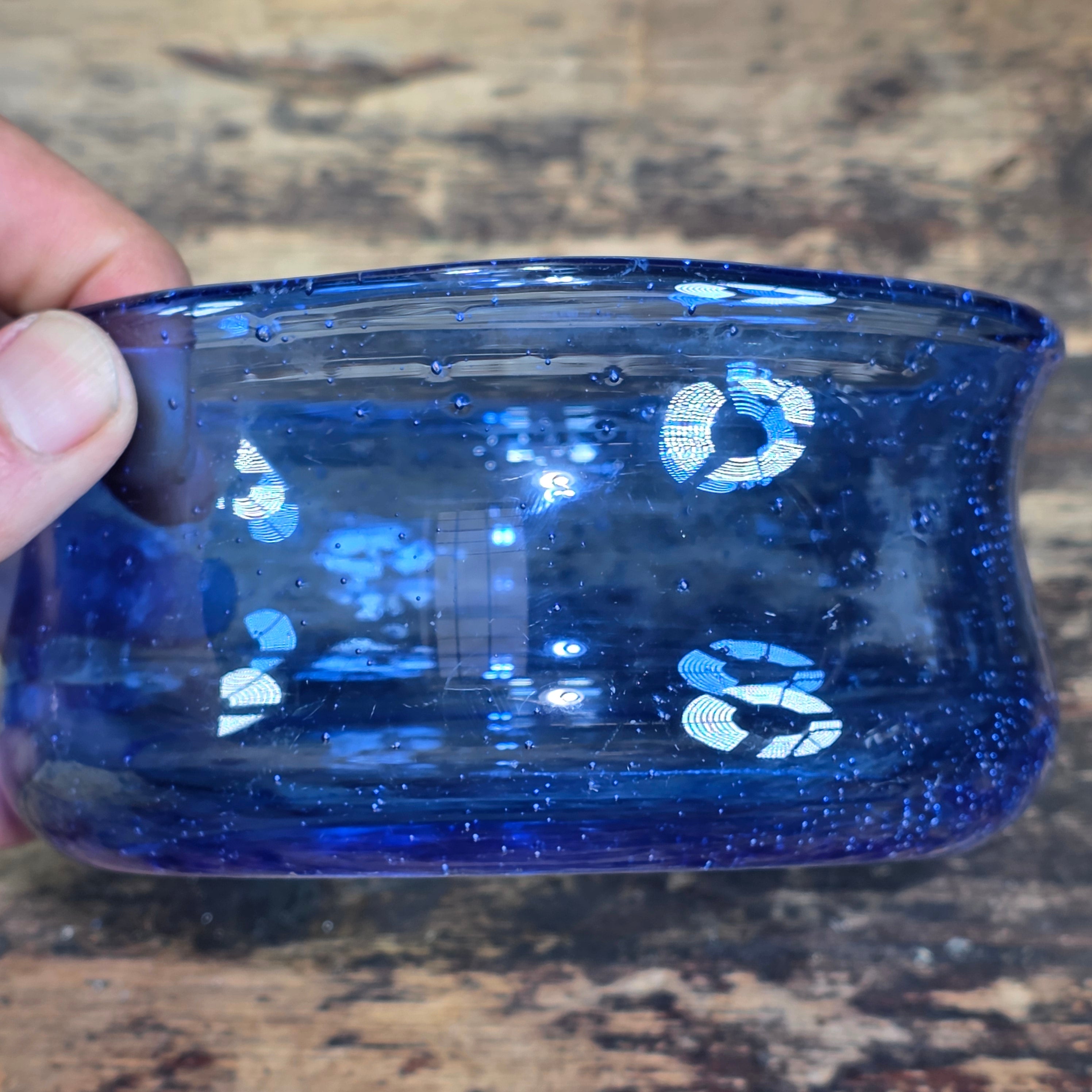 Vintage Cobalt Blue Seeded Glass Bowl Pair MCM Hand Blown Flared Small Catchall