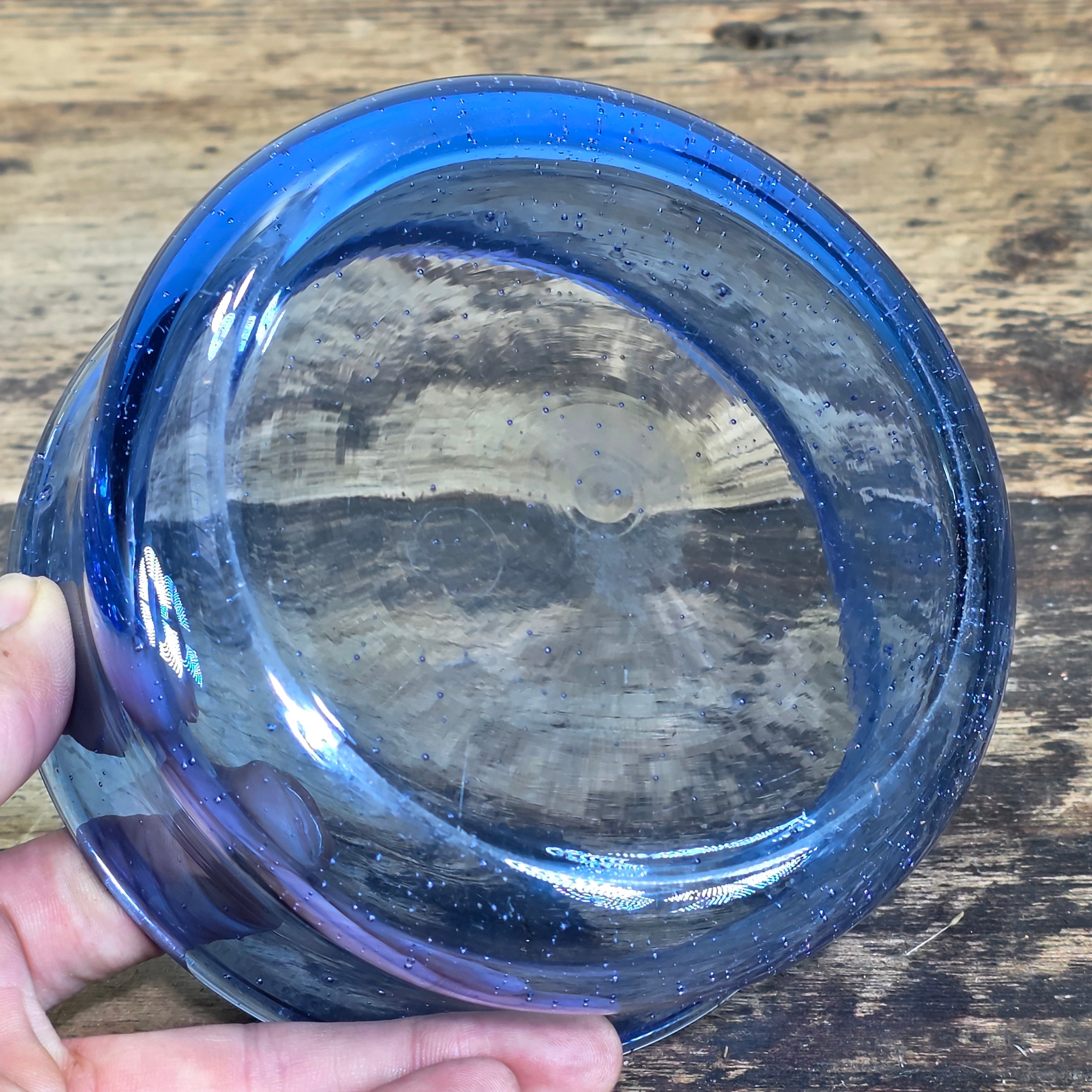 Vintage Cobalt Blue Seeded Glass Bowl Pair MCM Hand Blown Flared Small Catchall