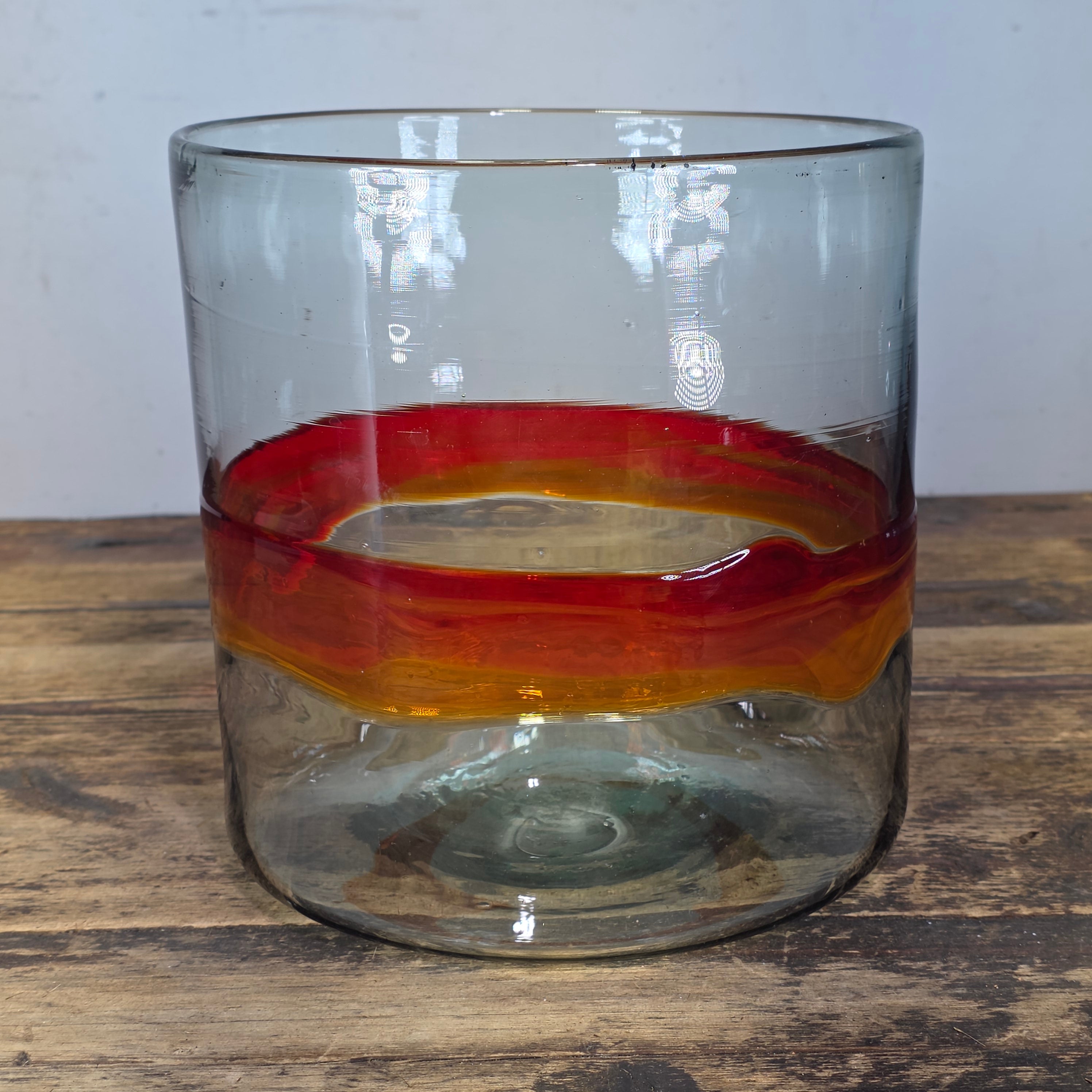 Vintage MCM Art Glass Bowl Cylinder Planter Vase Orange Red Band Blown Large 8"