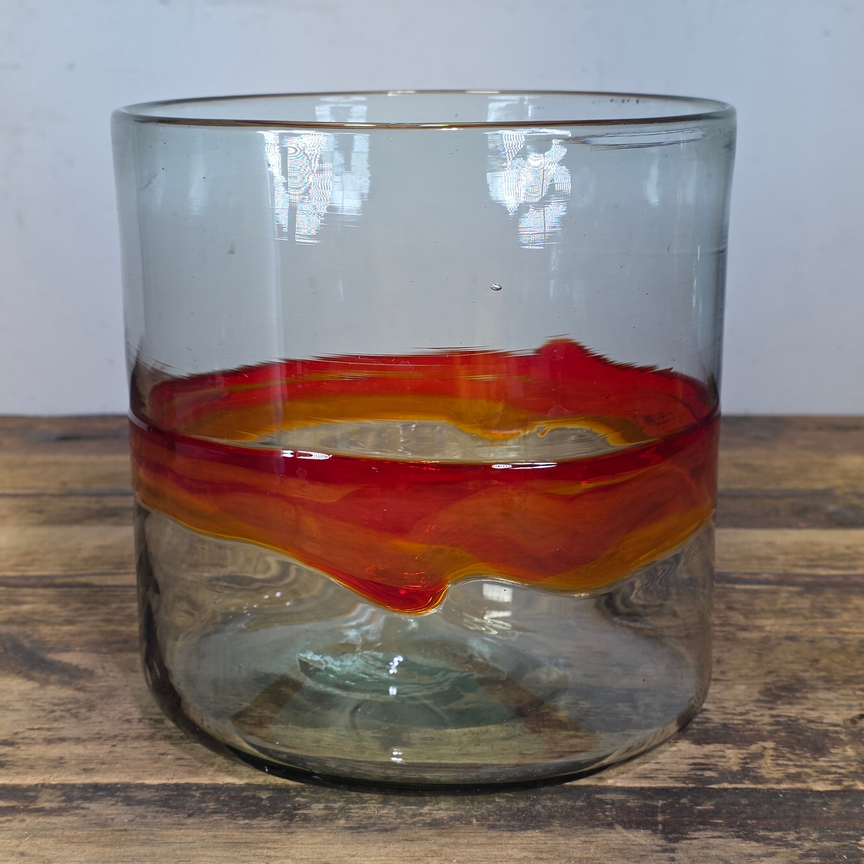 Vintage MCM Art Glass Bowl Cylinder Planter Vase Orange Red Band Blown Large 8"