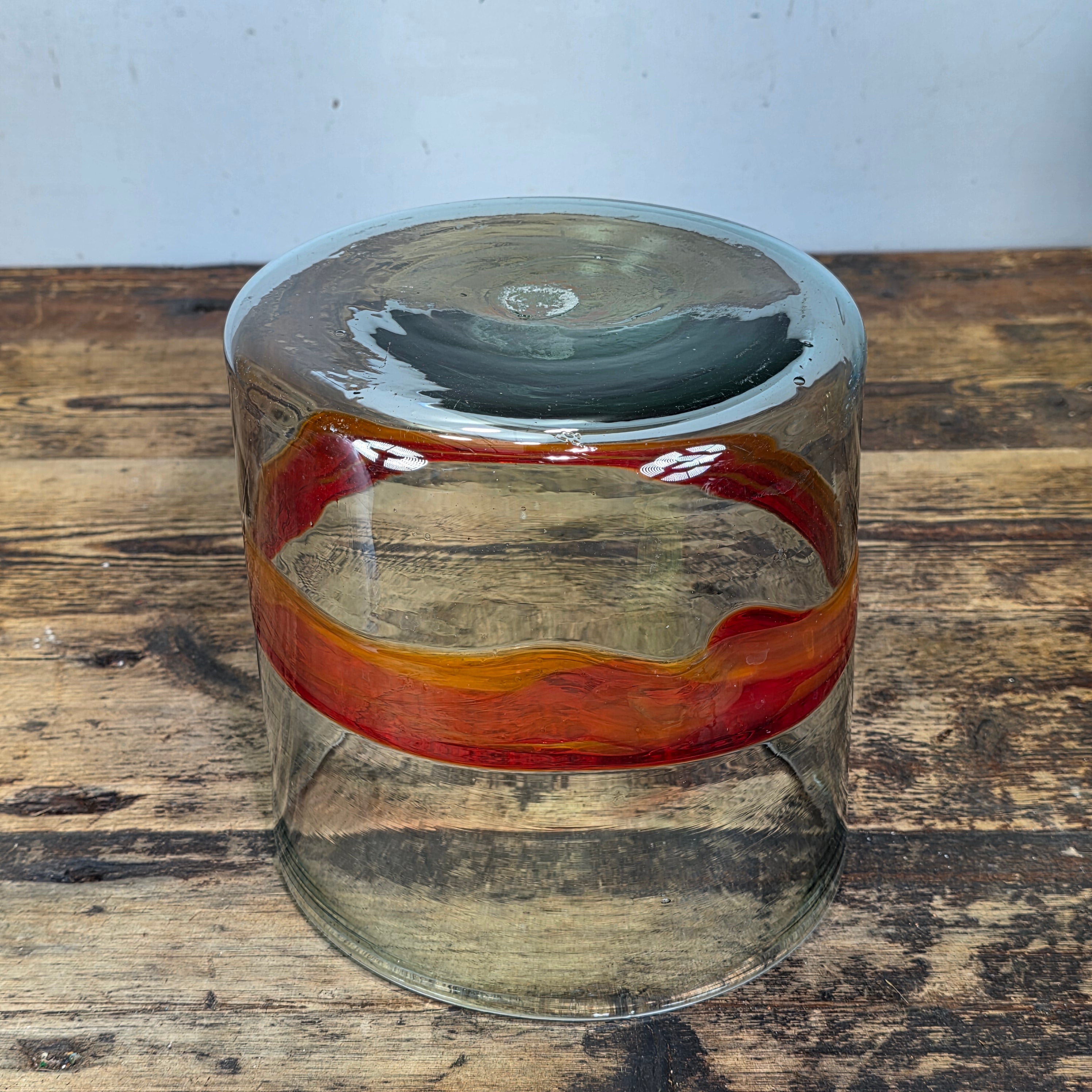 Vintage MCM Art Glass Bowl Cylinder Planter Vase Orange Red Band Blown Large 8"