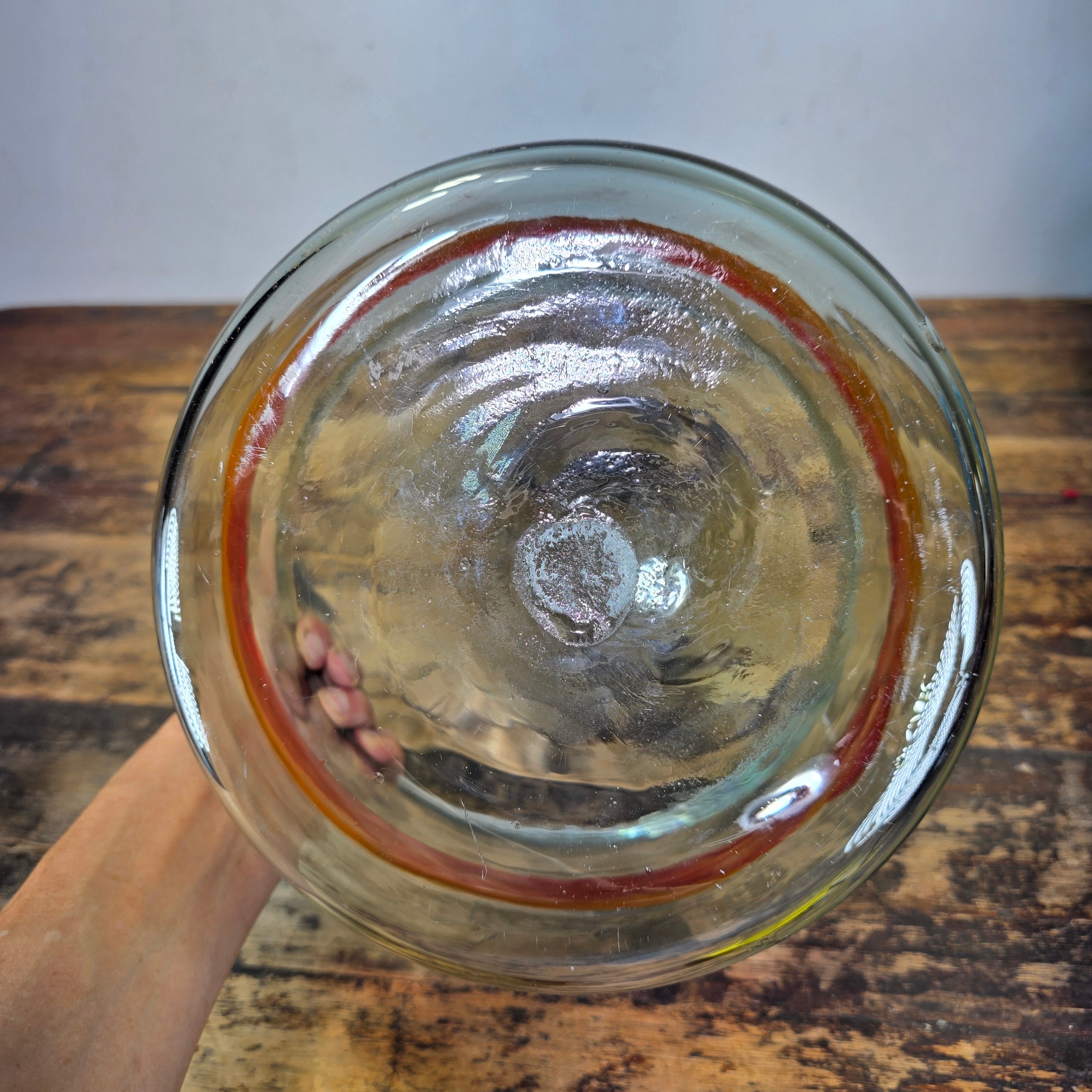 Vintage MCM Art Glass Bowl Cylinder Planter Vase Orange Red Band Blown Large 8"