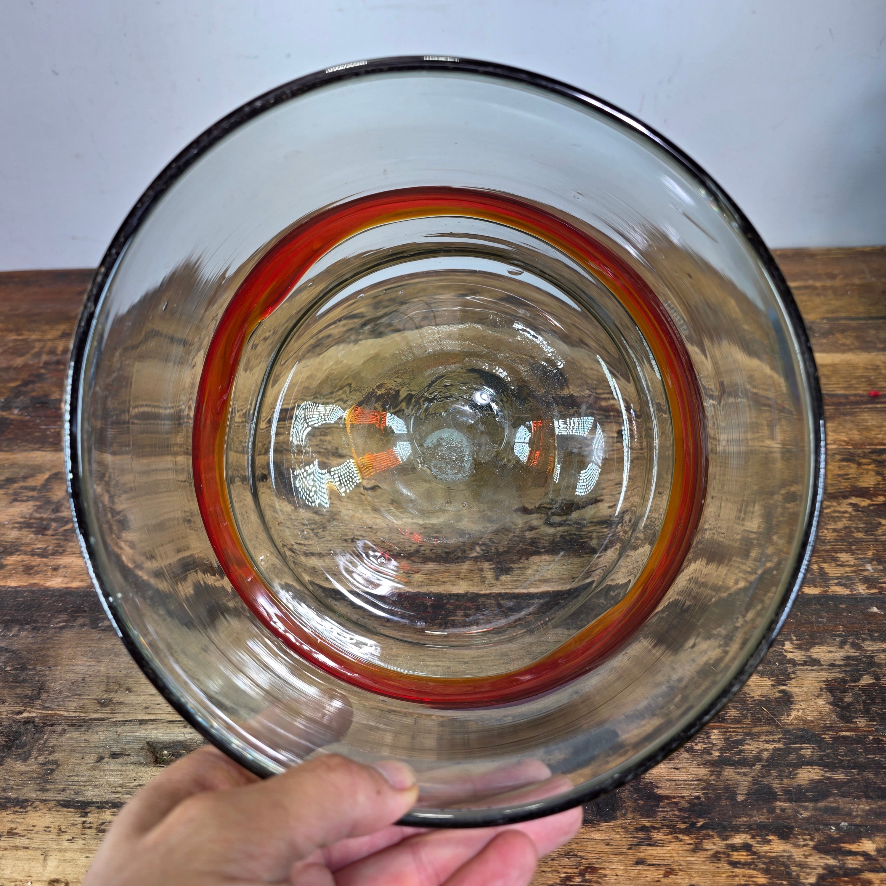 Vintage MCM Art Glass Bowl Cylinder Planter Vase Orange Red Band Blown Large 8"