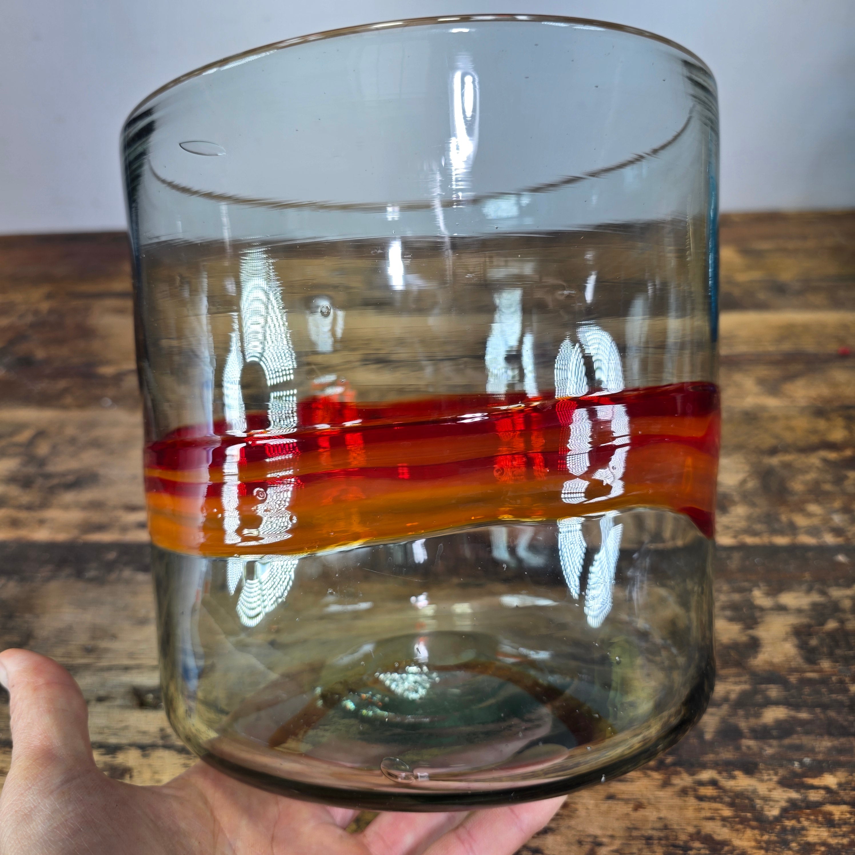 Vintage MCM Art Glass Bowl Cylinder Planter Vase Orange Red Band Blown Large 8"