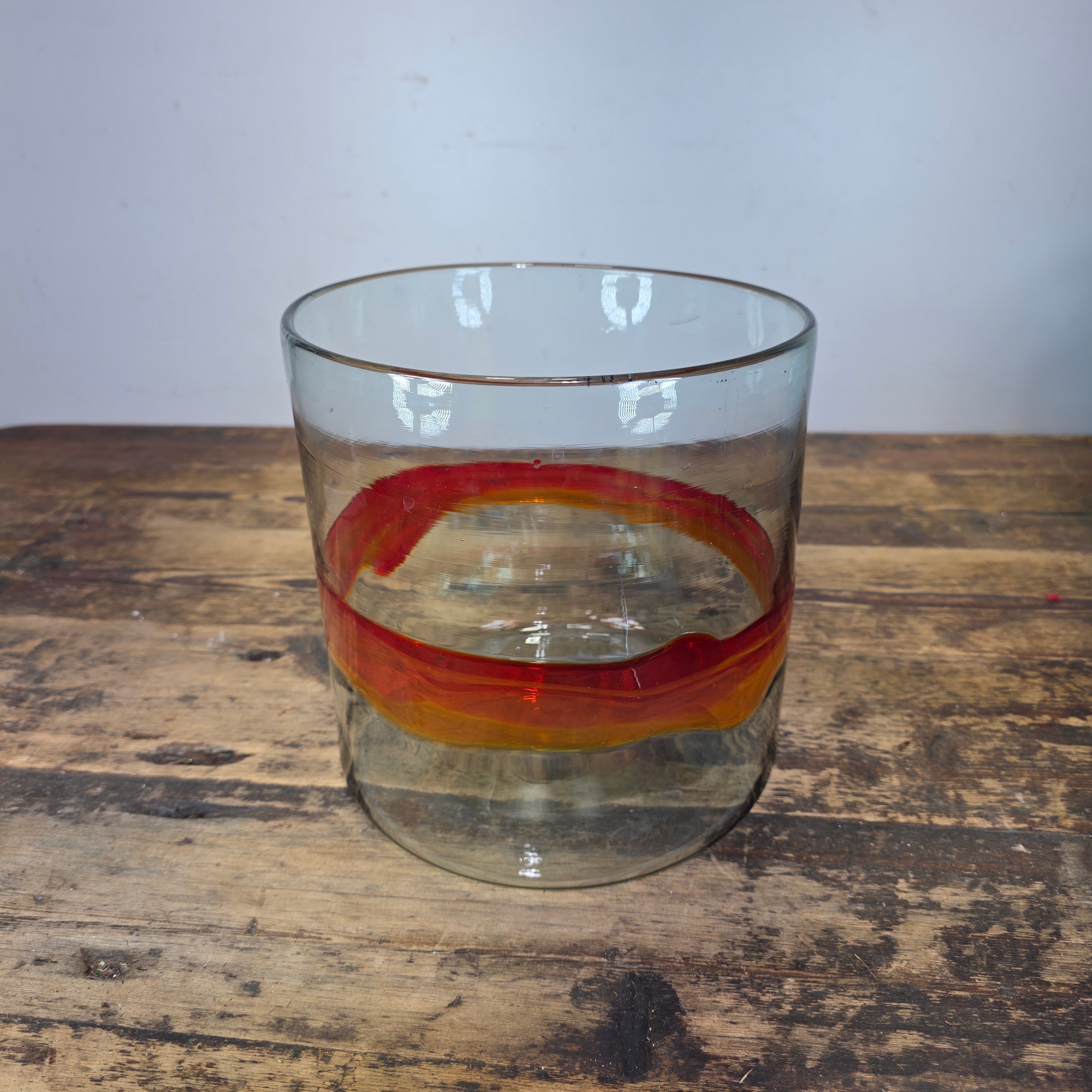 Vintage MCM Art Glass Bowl Cylinder Planter Vase Orange Red Band Blown Large 8"