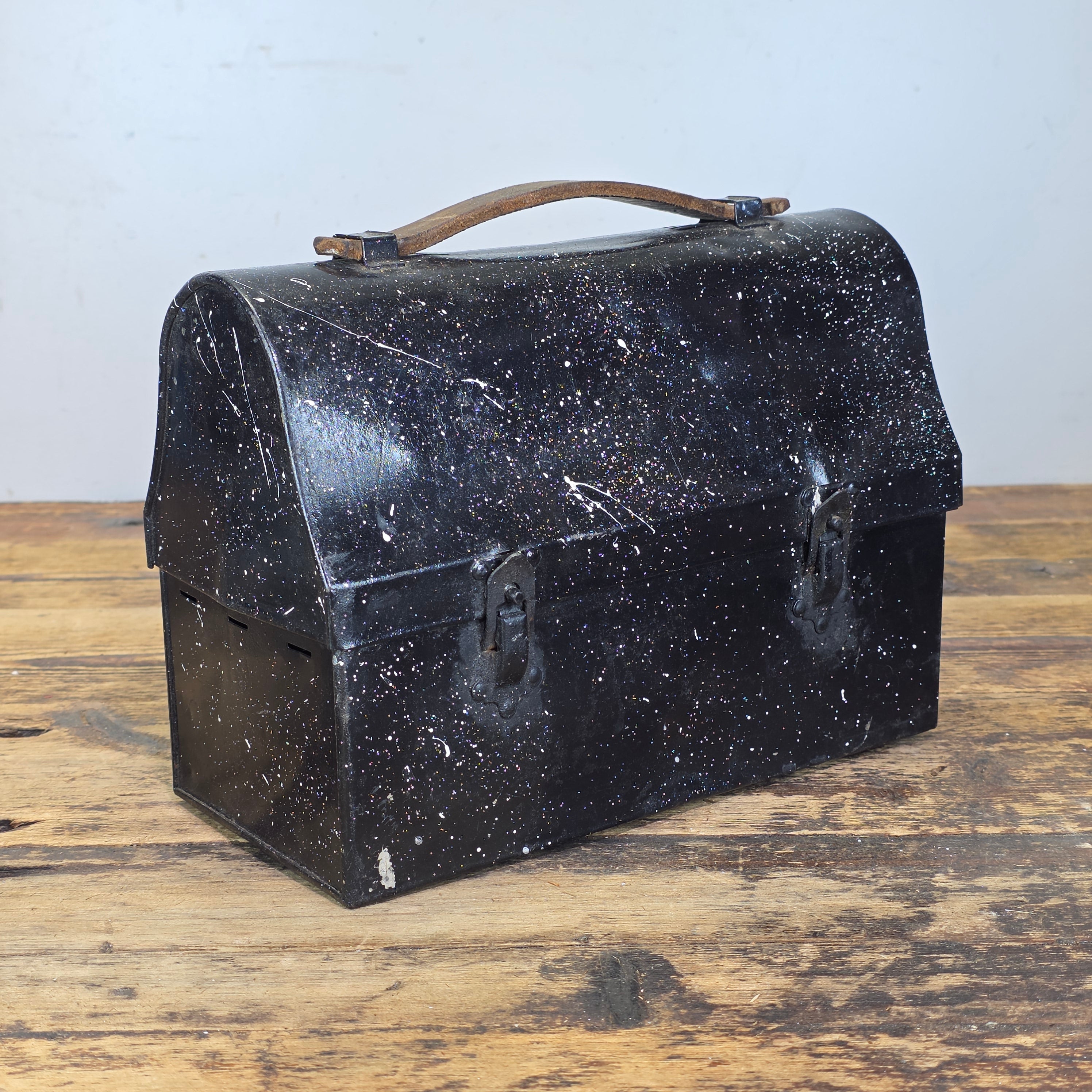 Vintage Thermos Black Dome Metal Lunch Box Leather Handle Miner Pail Antique