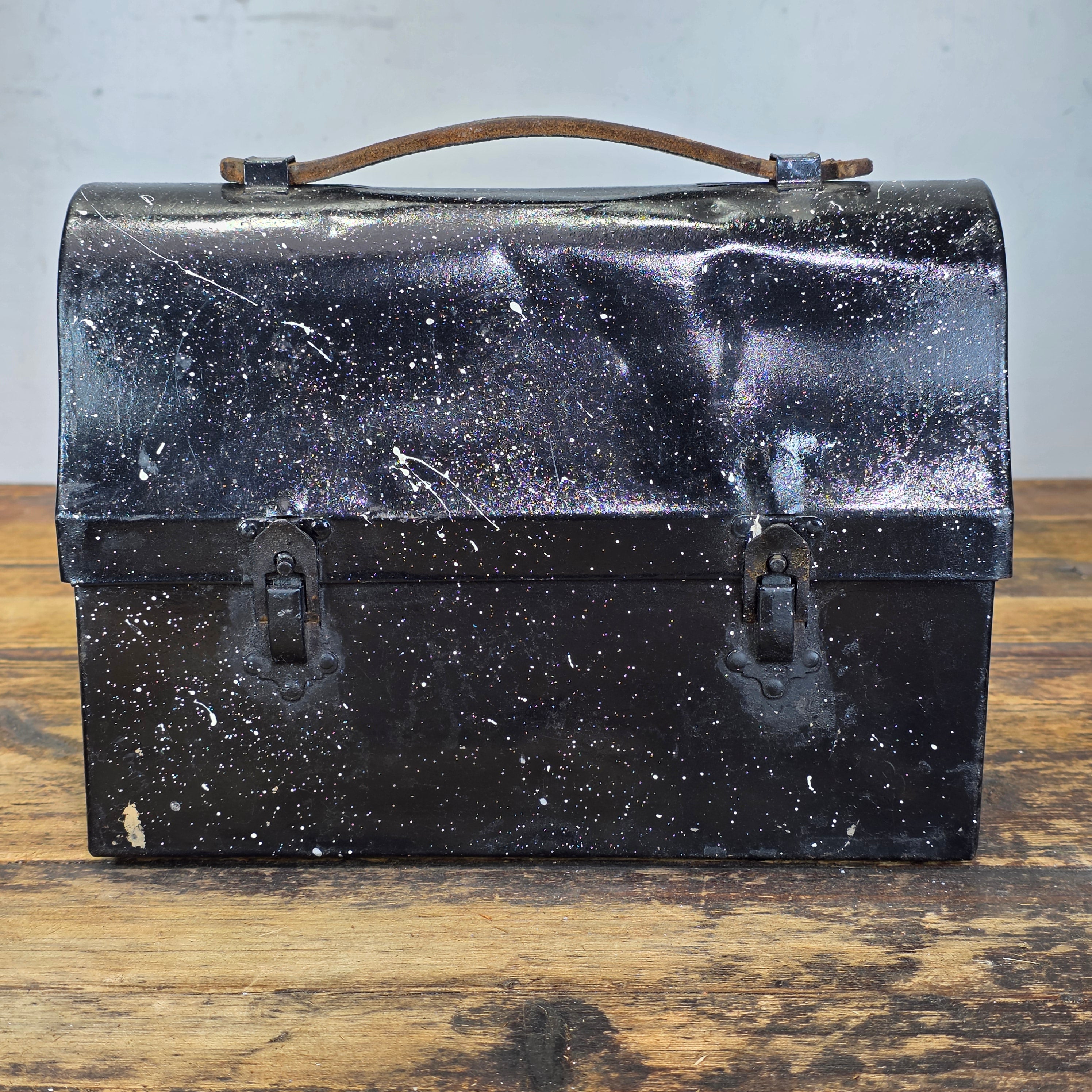 Vintage Thermos Black Dome Metal Lunch Box Leather Handle Miner Pail Antique
