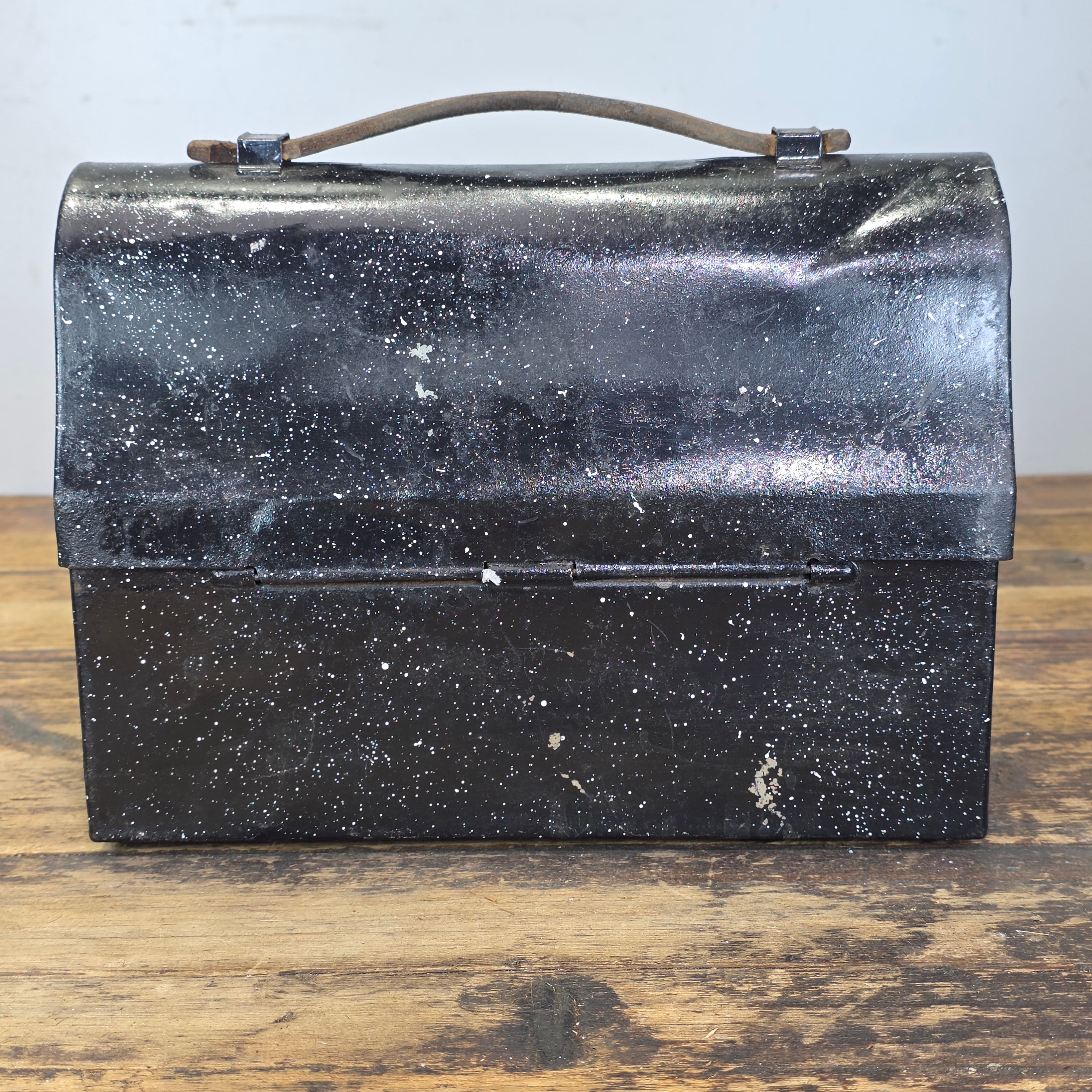 Vintage Thermos Black Dome Metal Lunch Box Leather Handle Miner Pail Antique
