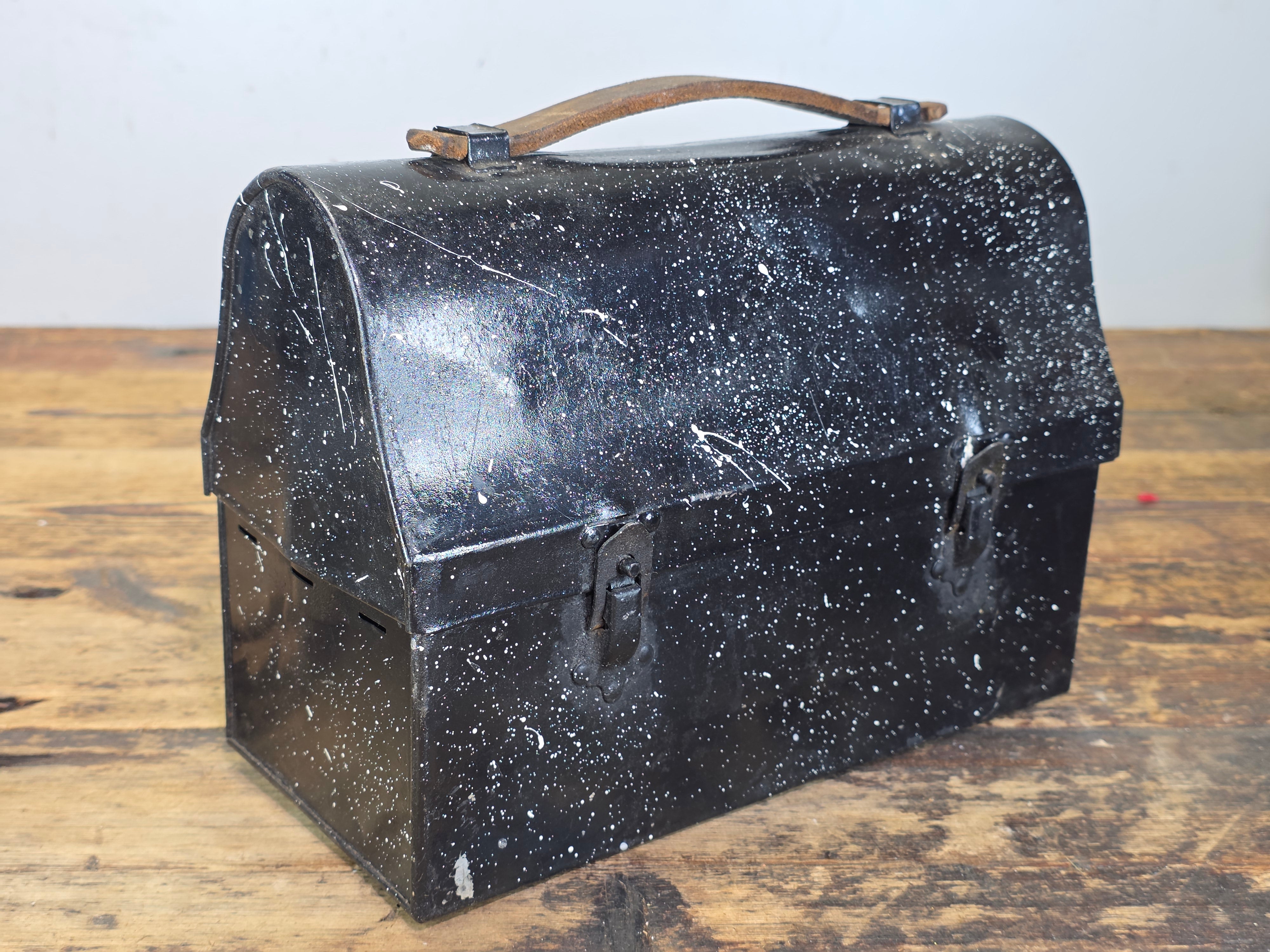 Vintage Thermos Black Dome Metal Lunch Box Leather Handle Miner Pail Antique