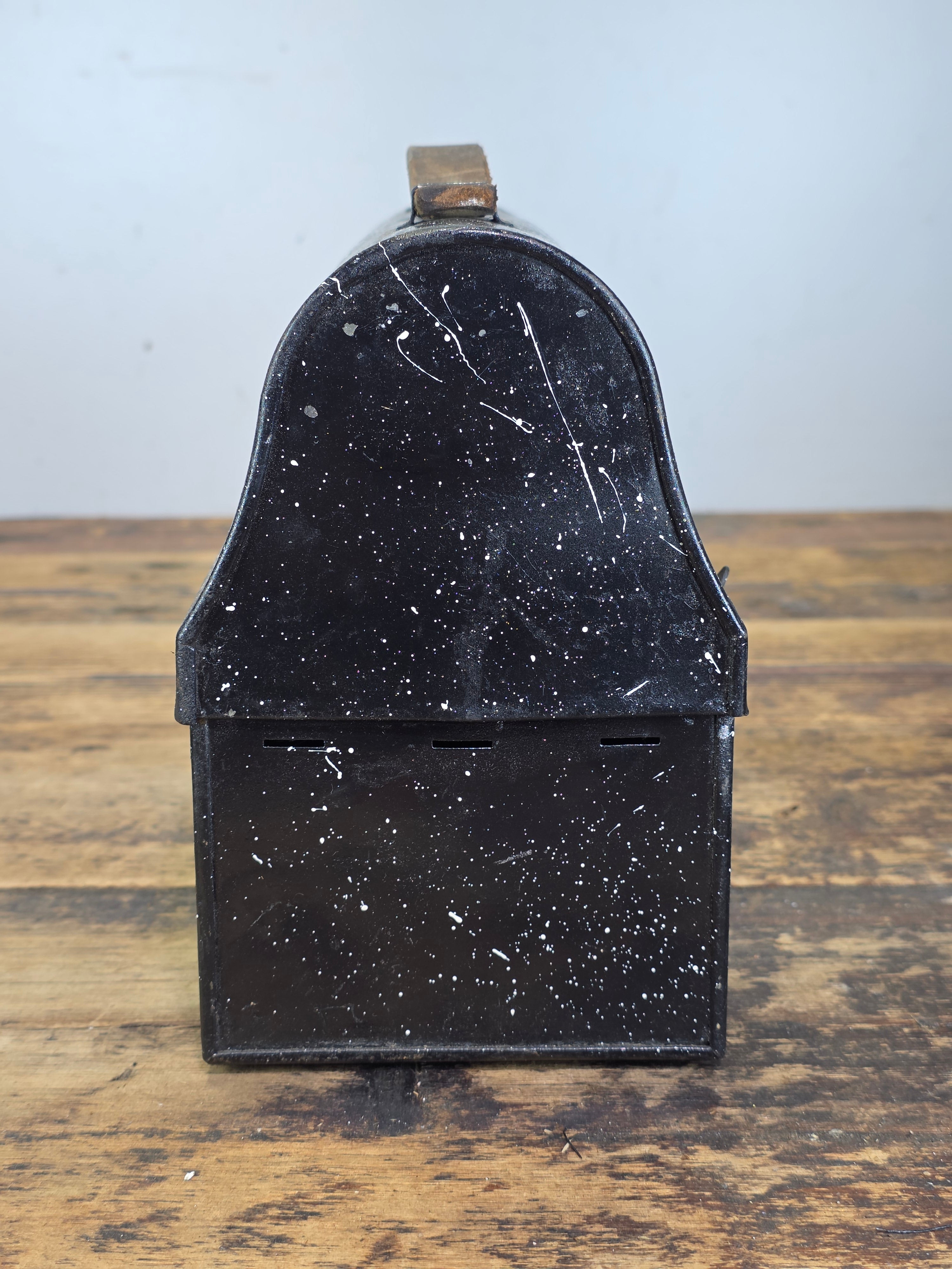 Vintage Thermos Black Dome Metal Lunch Box Leather Handle Miner Pail Antique
