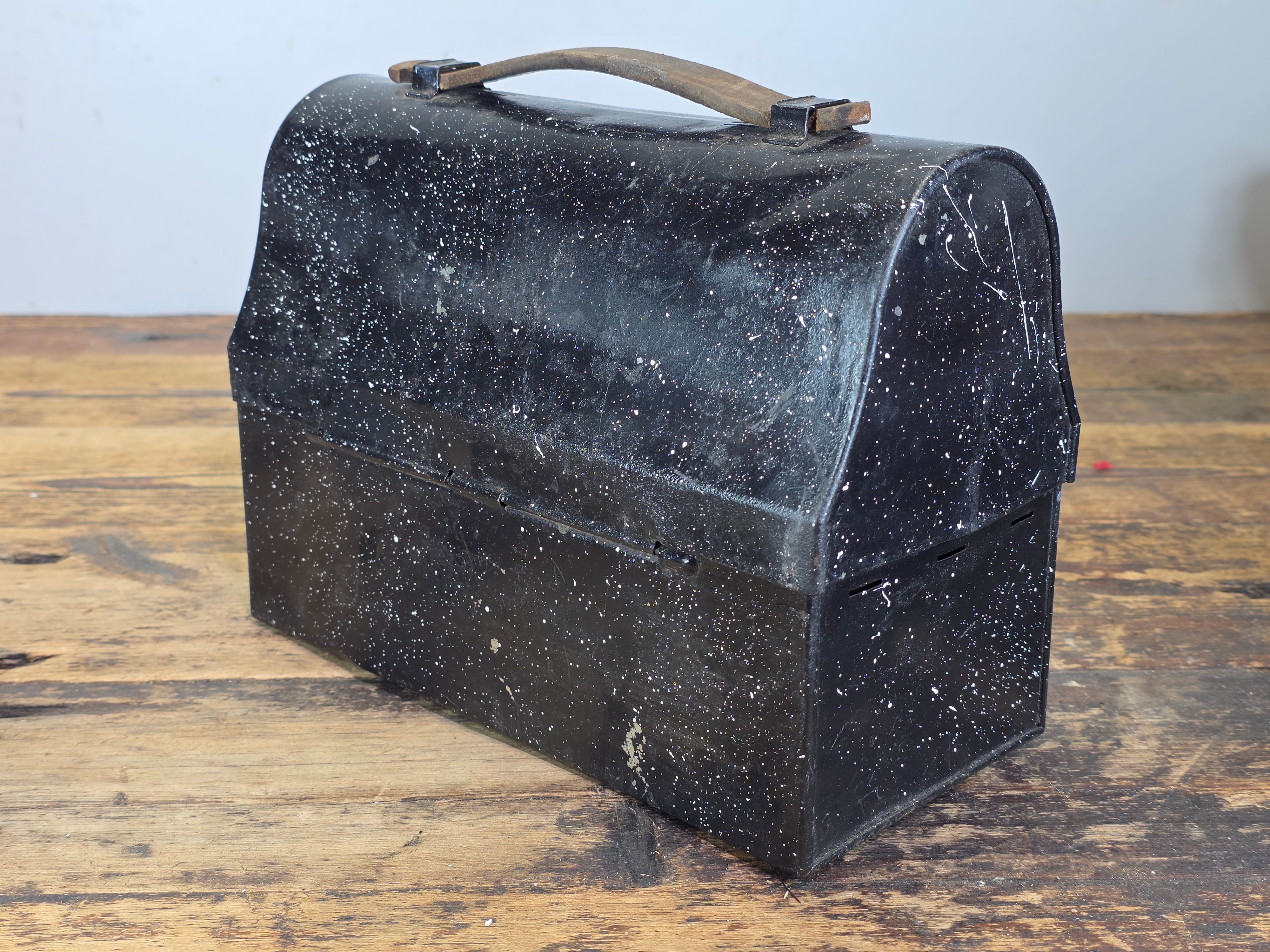 Vintage Thermos Black Dome Metal Lunch Box Leather Handle Miner Pail Antique