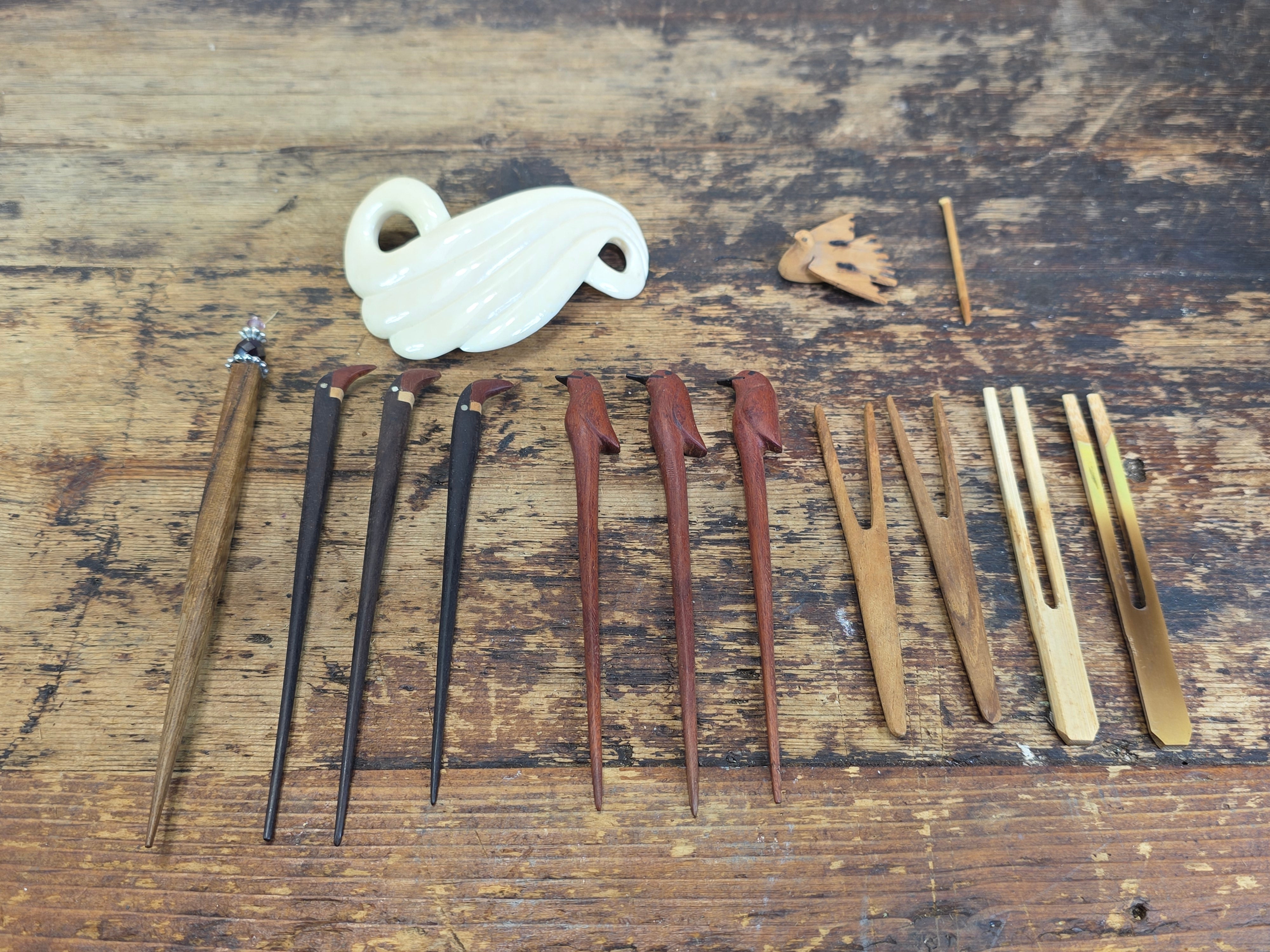 Share Vintage Kanzashi Hair Stick Lot Carved Wood Bird Bamboo Fruit Pick Mixed Assort