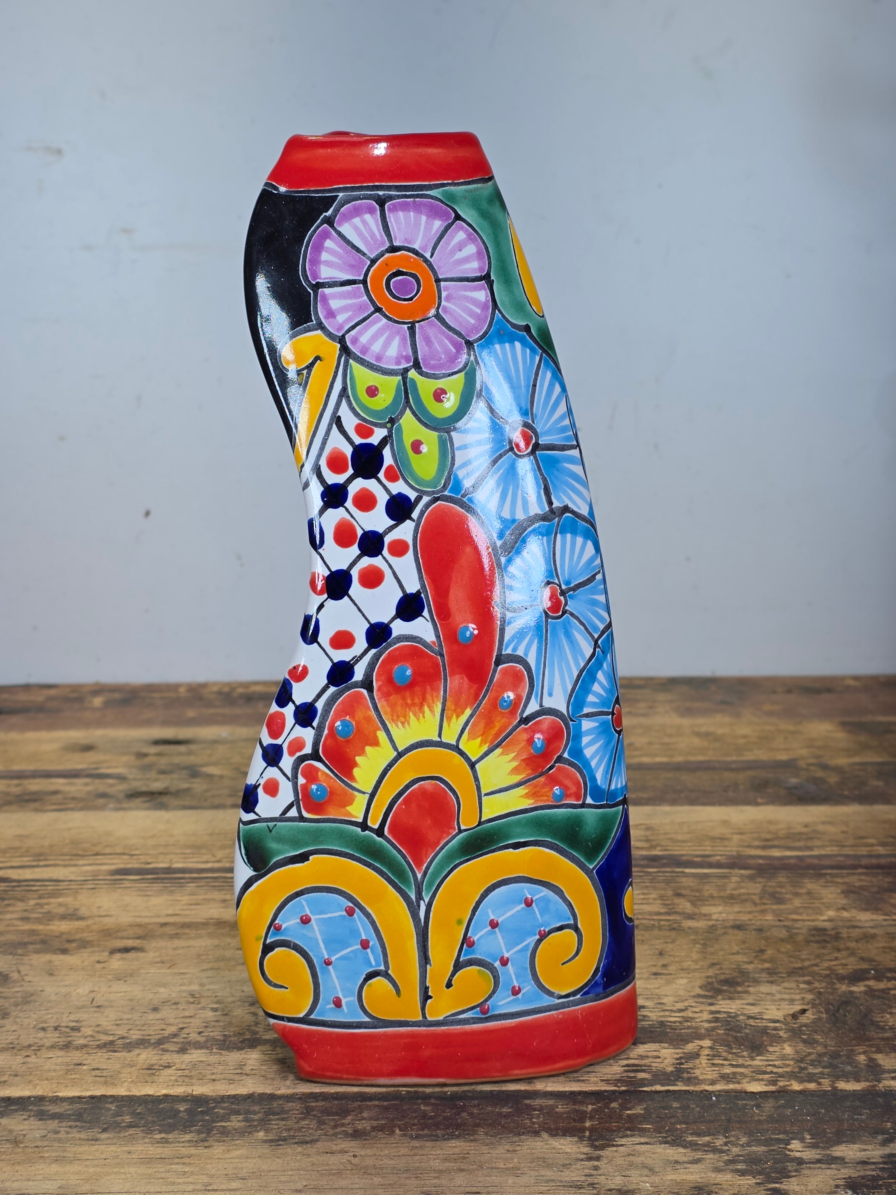 Talavera Mexican Pottery Vase Vintage Hand Painted Triangle Flower Floral Mexico