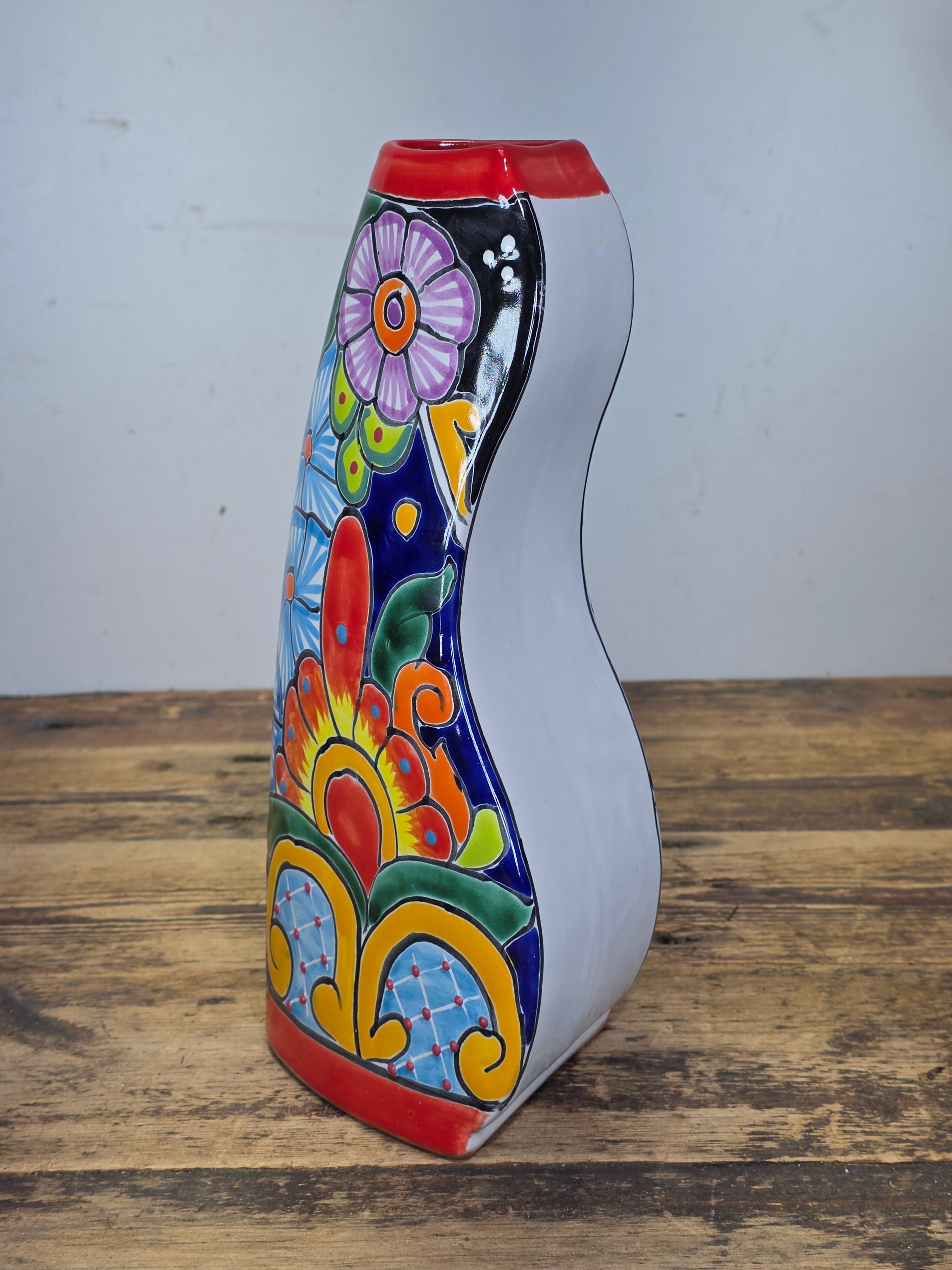 Talavera Mexican Pottery Vase Vintage Hand Painted Triangle Flower Floral Mexico