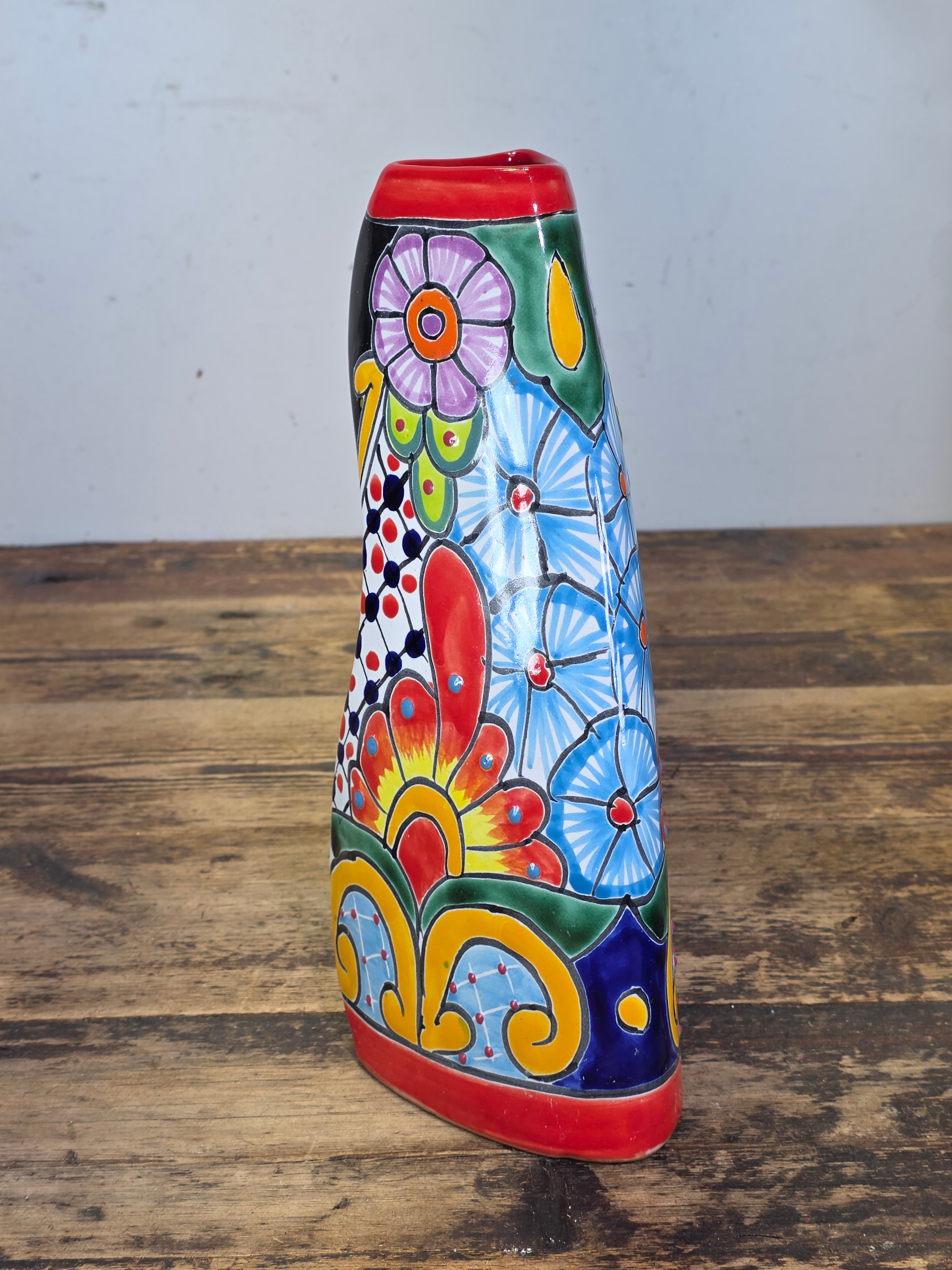 Talavera Mexican Pottery Vase Vintage Hand Painted Triangle Flower Floral Mexico