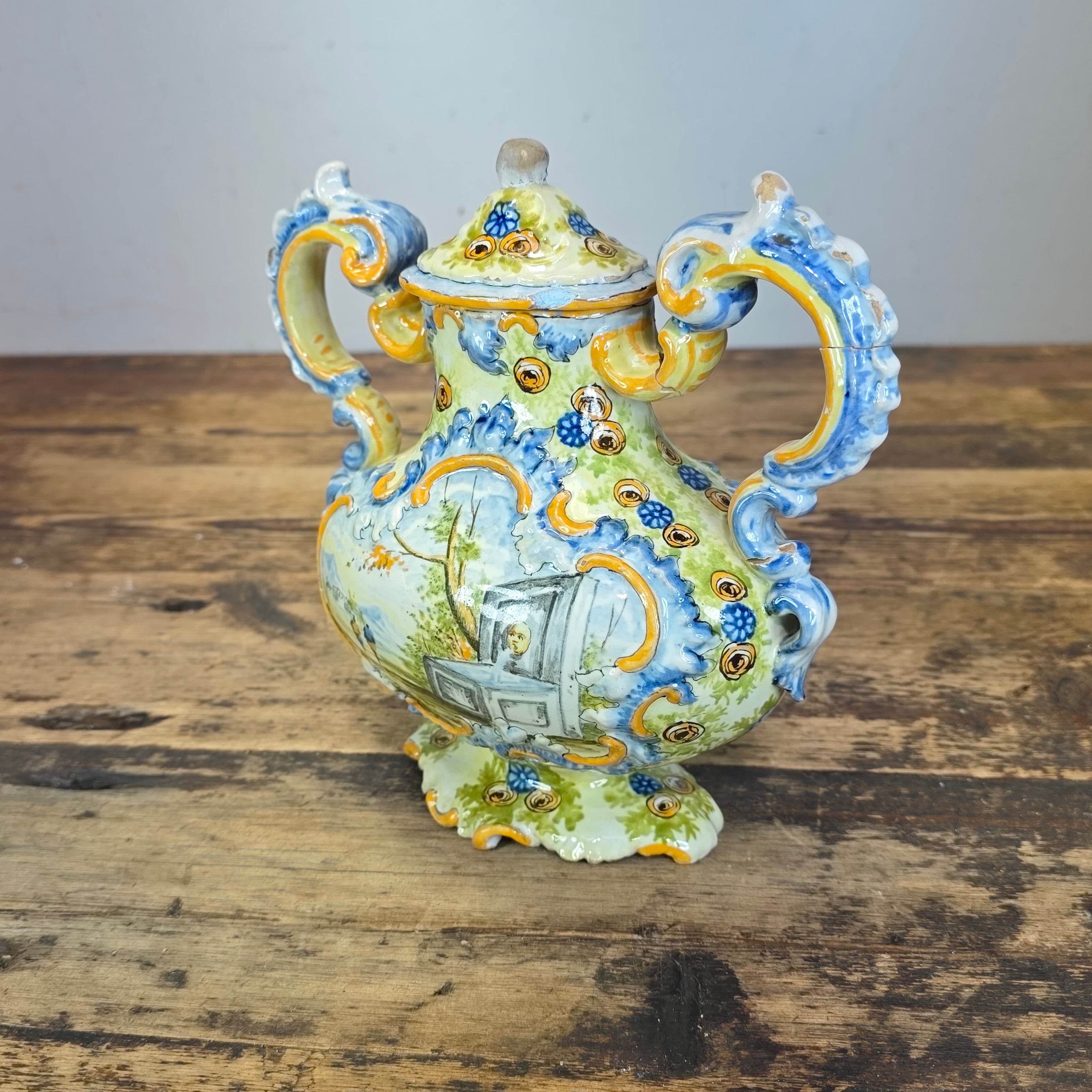Vintage Italian Majolica Lidded Urn Vase Hand Painted Istoriato Pot Handle M (Damage)