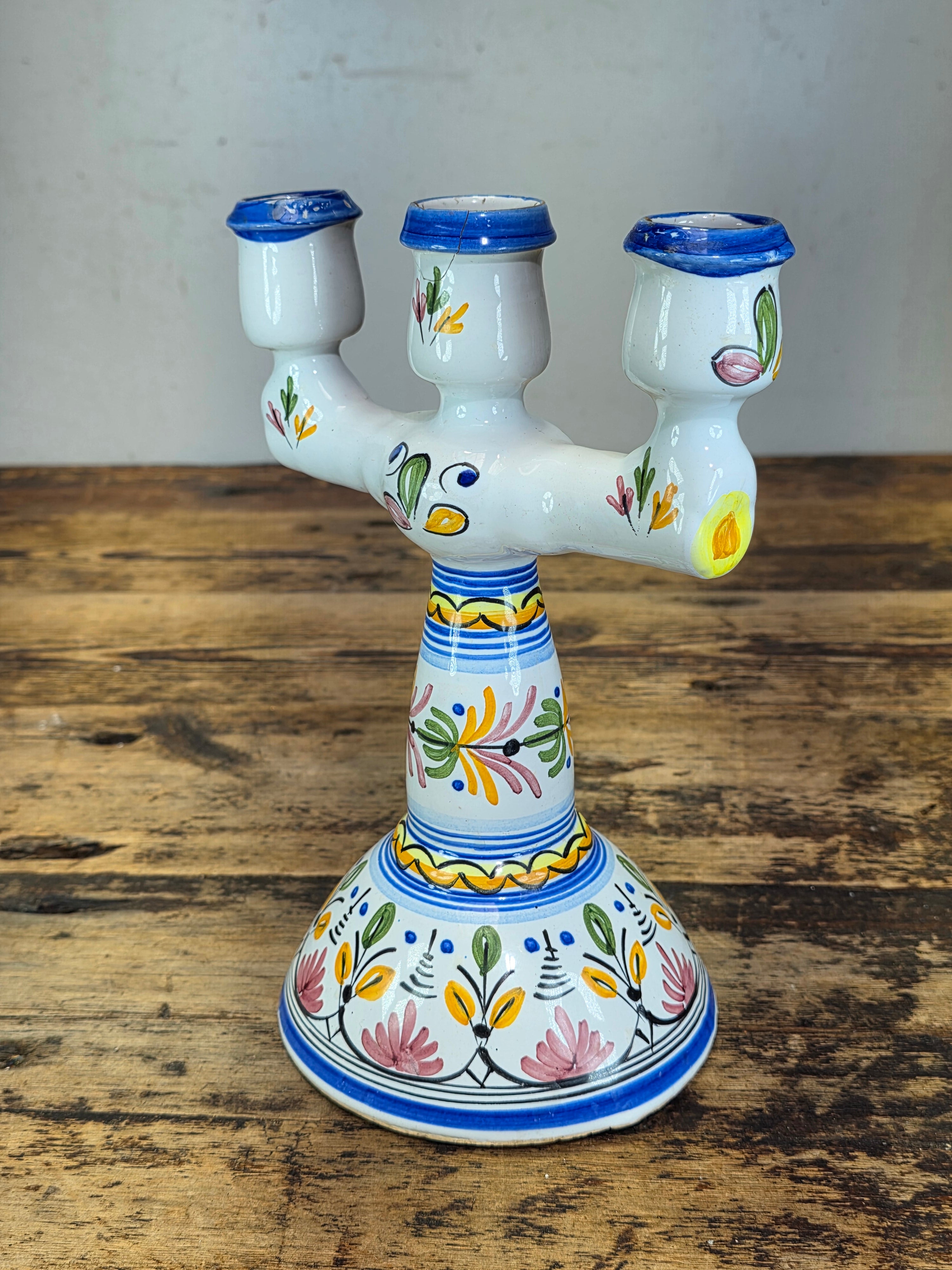 Vintage Mexican Folk Art Ceramic Candelabra 3 Light Candle Holder Signed Rios 10"