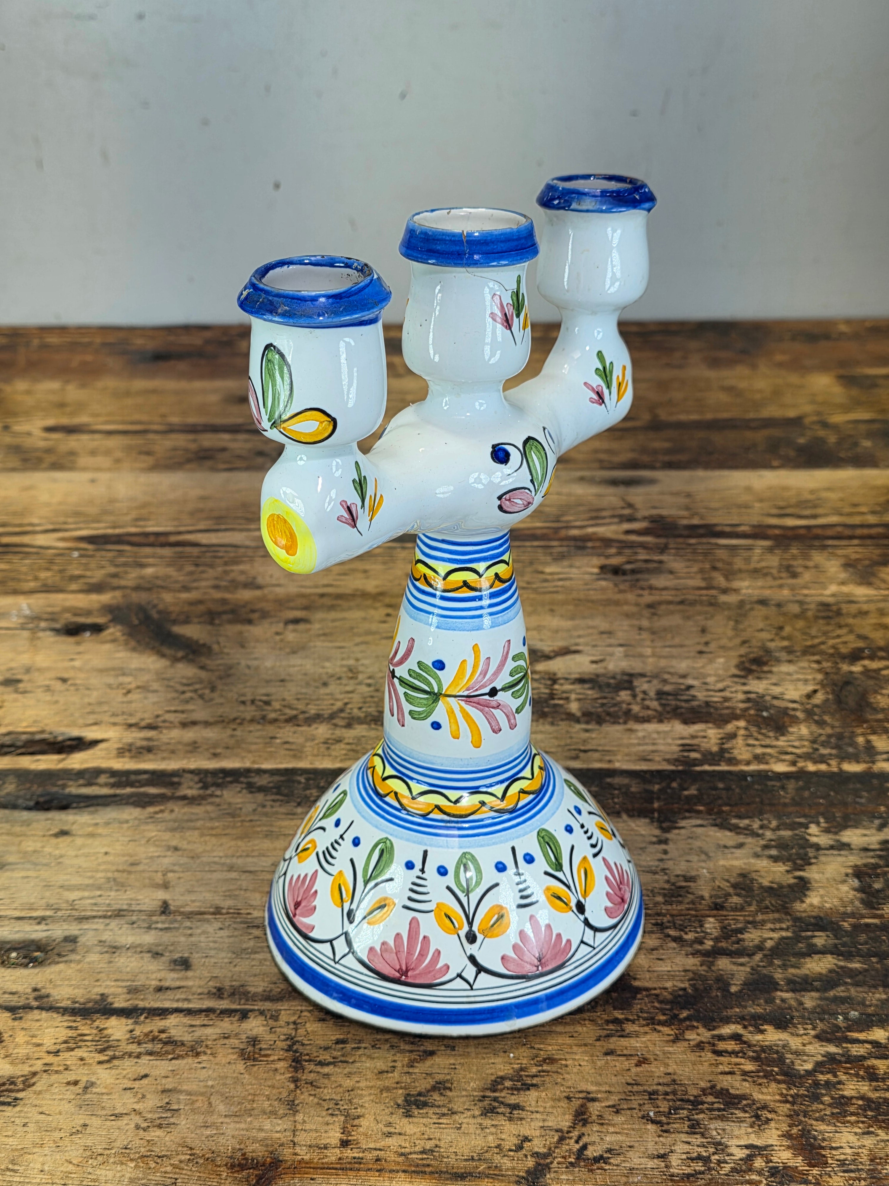 Vintage Mexican Folk Art Ceramic Candelabra 3 Light Candle Holder Signed Rios 10"