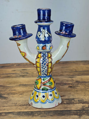 Share Vintage Onofre Mexico Folk Art Ceramic Candelabra 3 Light Candle Holder 10"