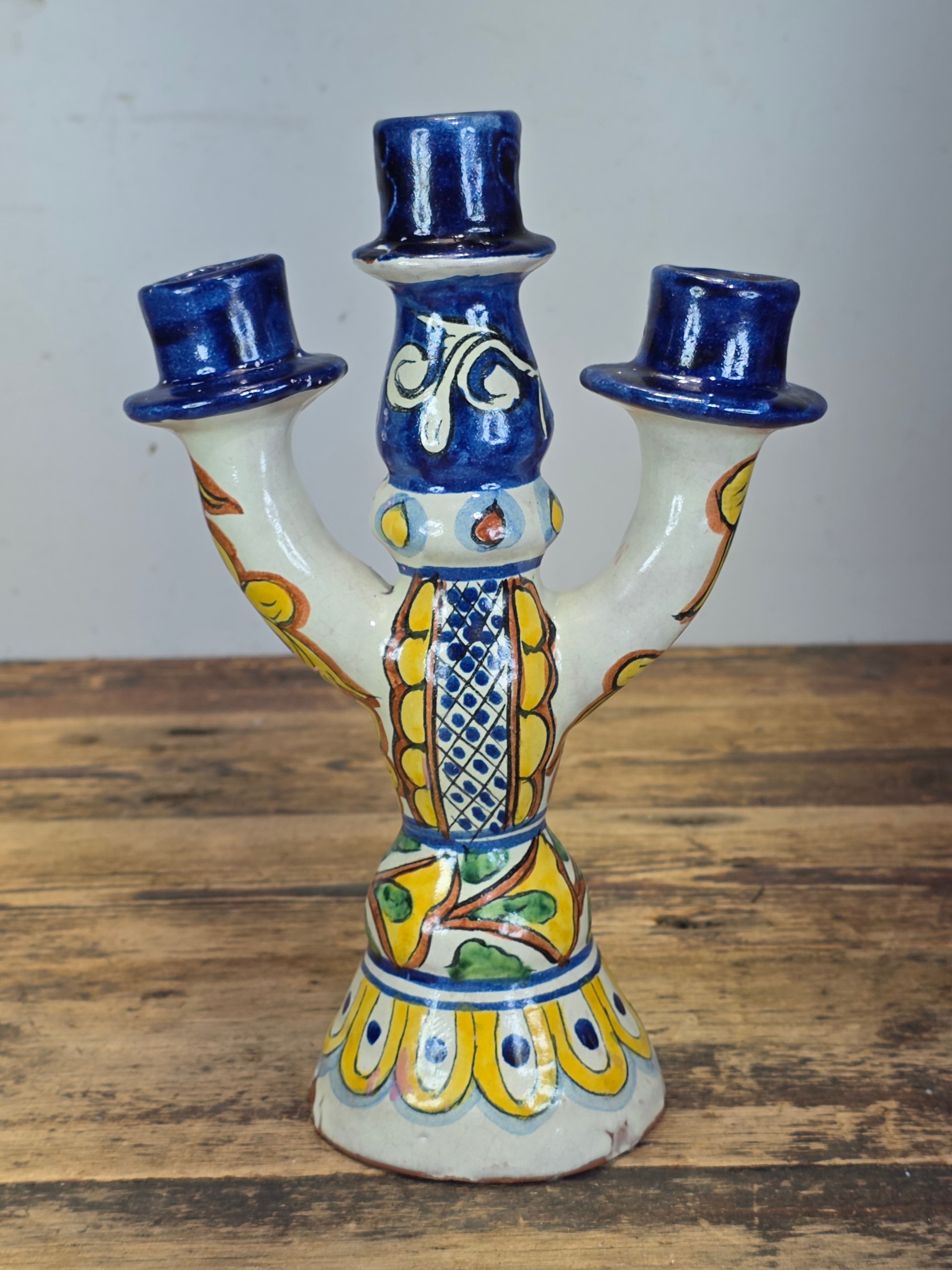 Share Vintage Onofre Mexico Folk Art Ceramic Candelabra 3 Light Candle Holder 10"