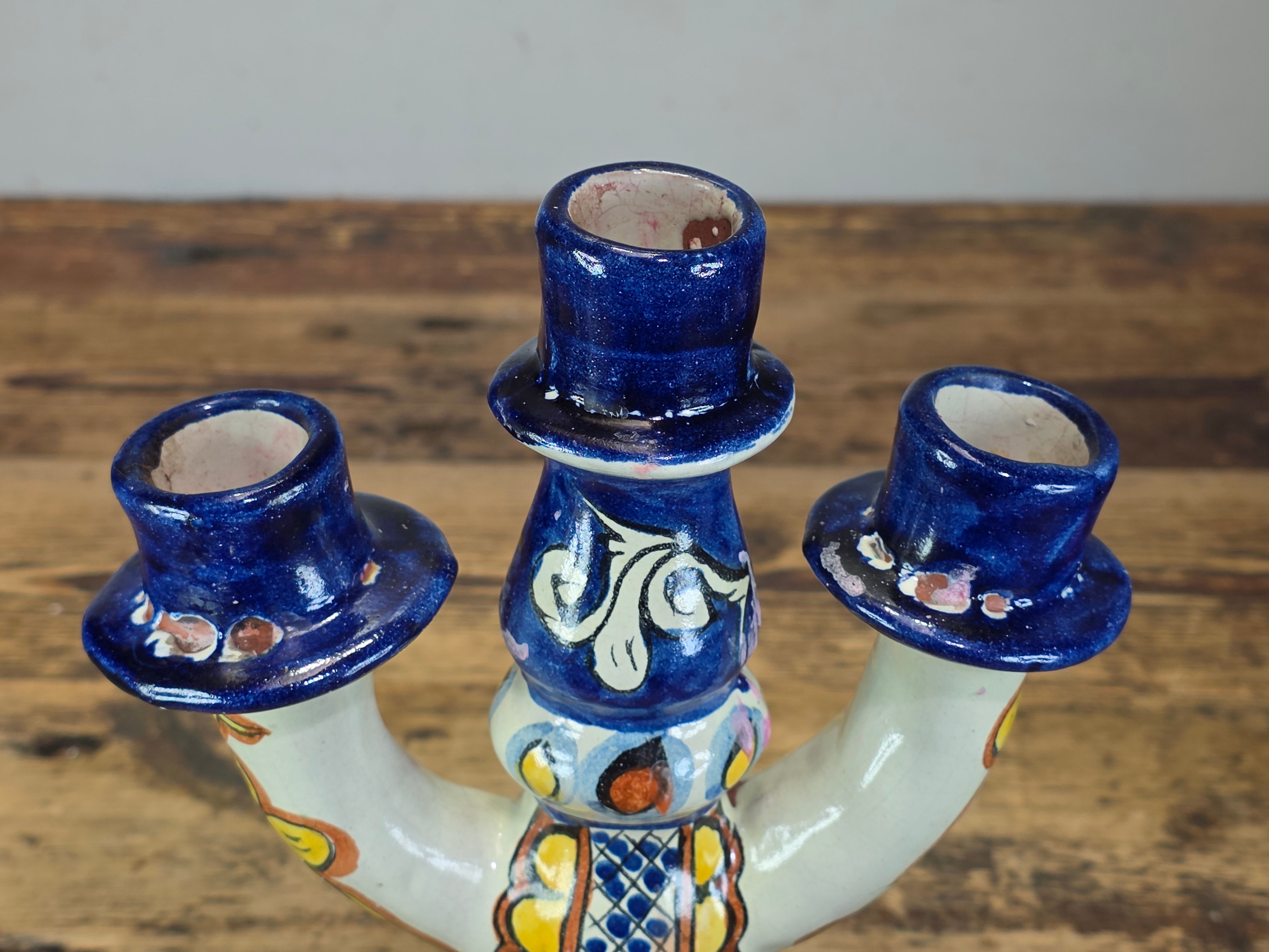 Share Vintage Onofre Mexico Folk Art Ceramic Candelabra 3 Light Candle Holder 10"