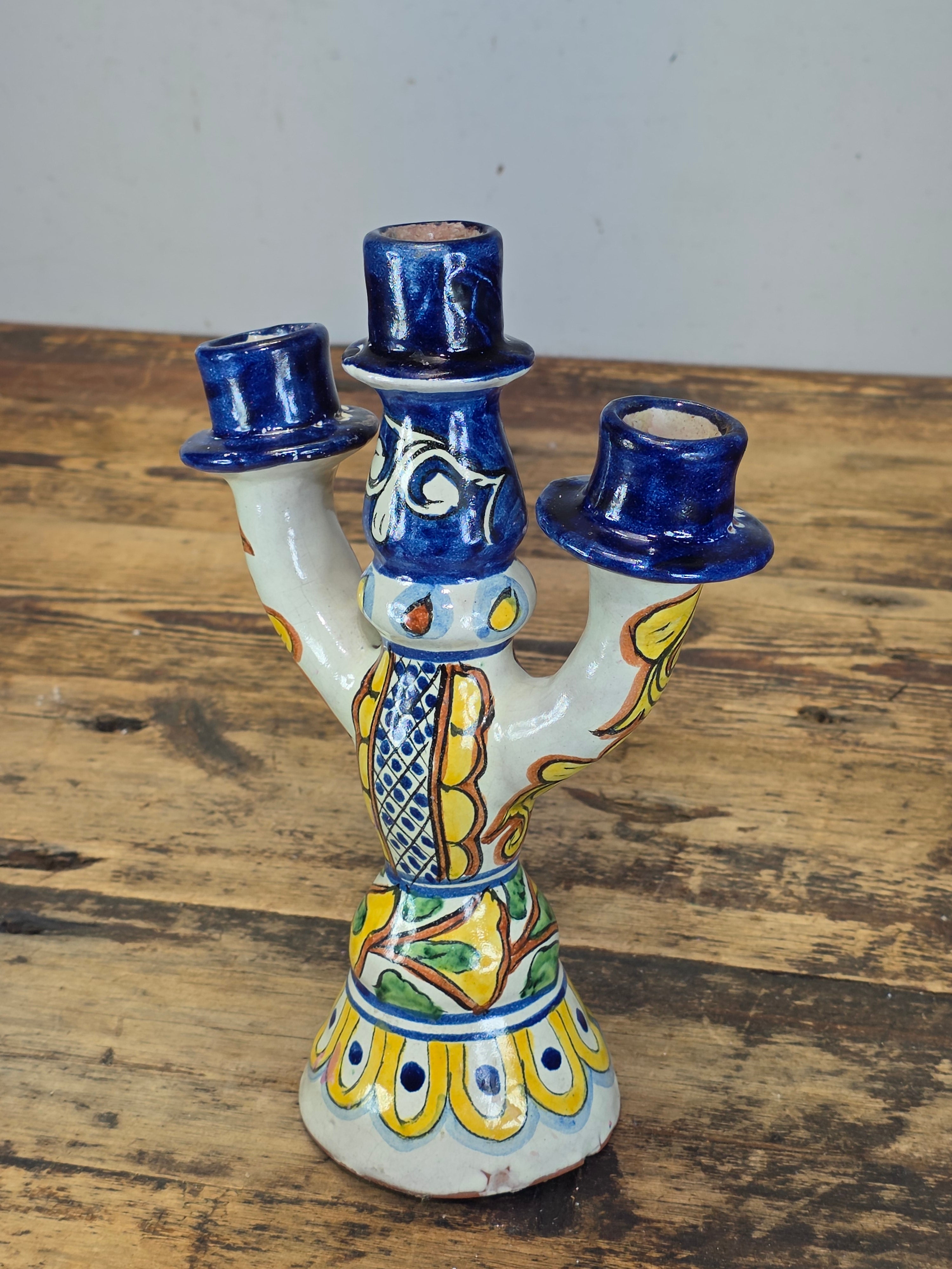 Share Vintage Onofre Mexico Folk Art Ceramic Candelabra 3 Light Candle Holder 10"