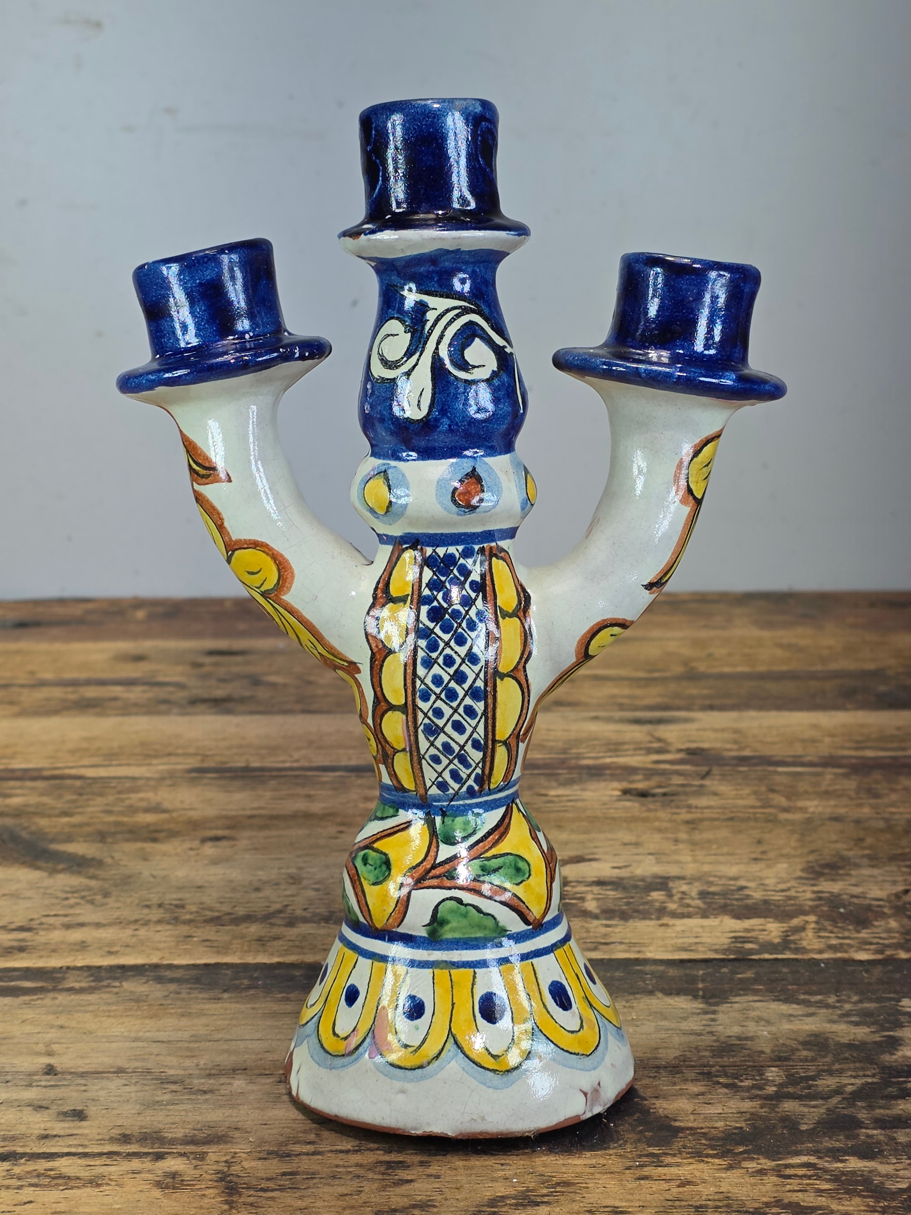 Share Vintage Onofre Mexico Folk Art Ceramic Candelabra 3 Light Candle Holder 10"
