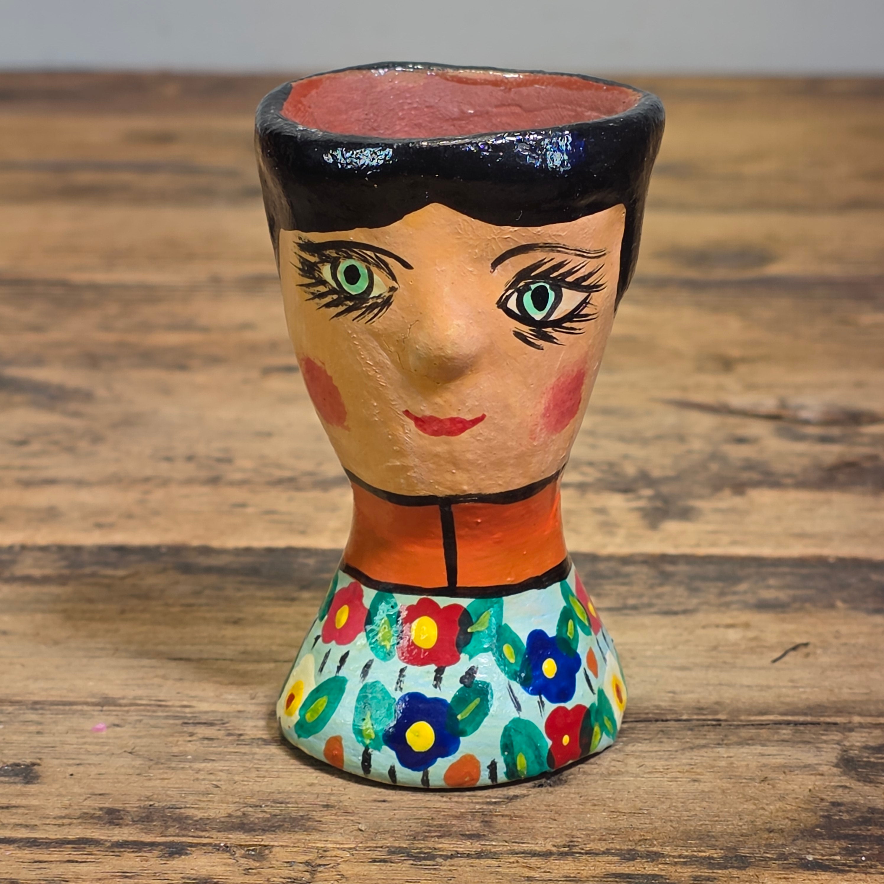 Vintage Guatemala Folk Art Face Planter Egg Cup Ceramic Hand Painted Floral Mini