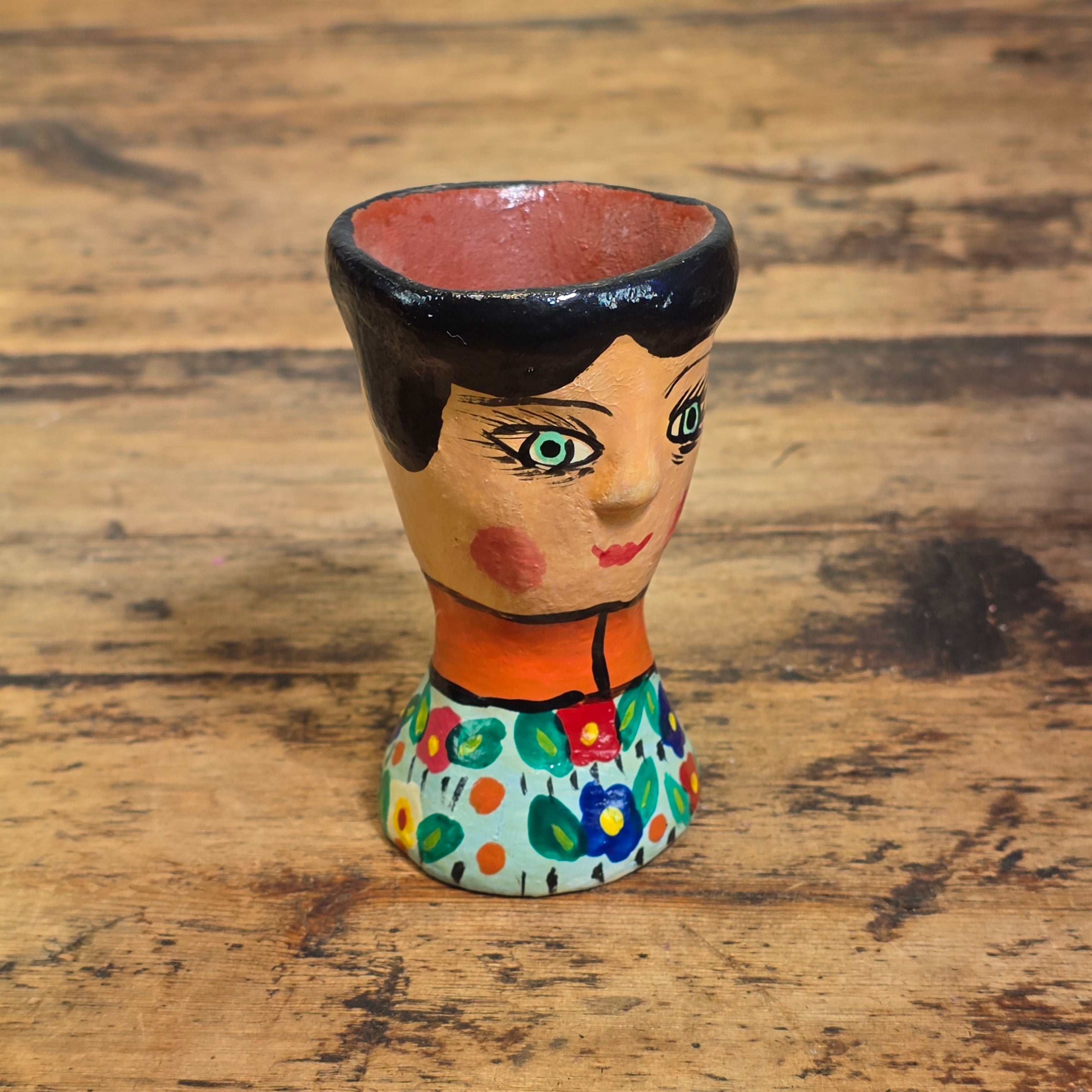 Vintage Guatemala Folk Art Face Planter Egg Cup Ceramic Hand Painted Floral Mini