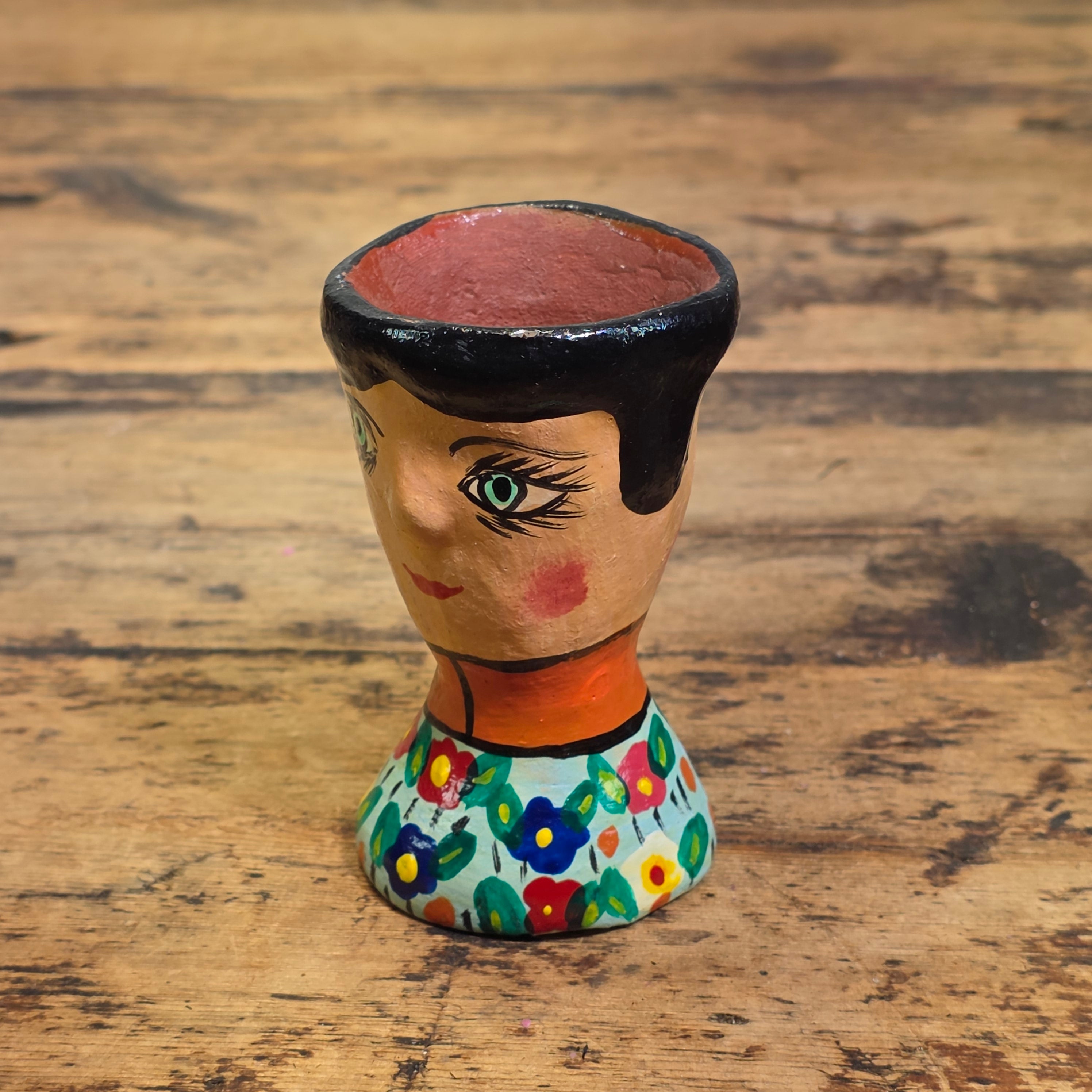 Vintage Guatemala Folk Art Face Planter Egg Cup Ceramic Hand Painted Floral Mini