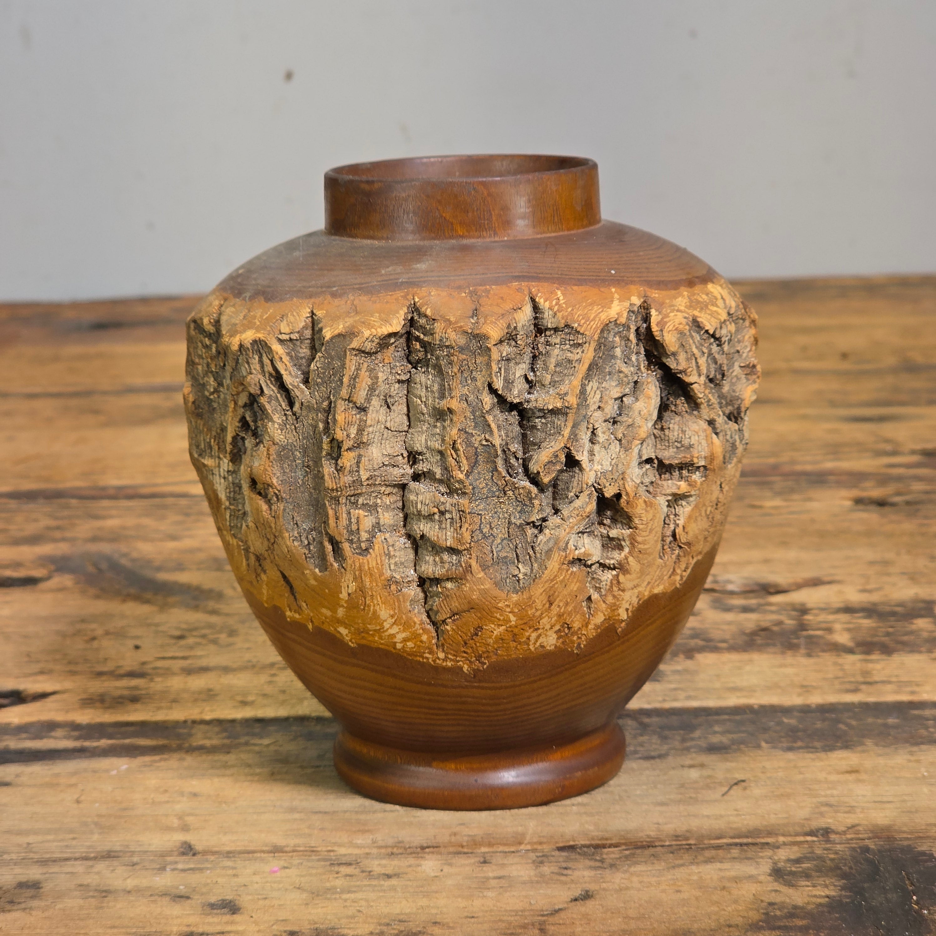 Vintage 1969 Japanese Live Edge Wood Vase Hand Turned Bark Nikko Art Pencil Hold