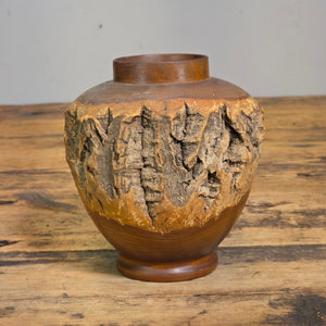 Vintage 1969 Japanese Live Edge Wood Vase Hand Turned Bark Nikko Art Pencil Hold
