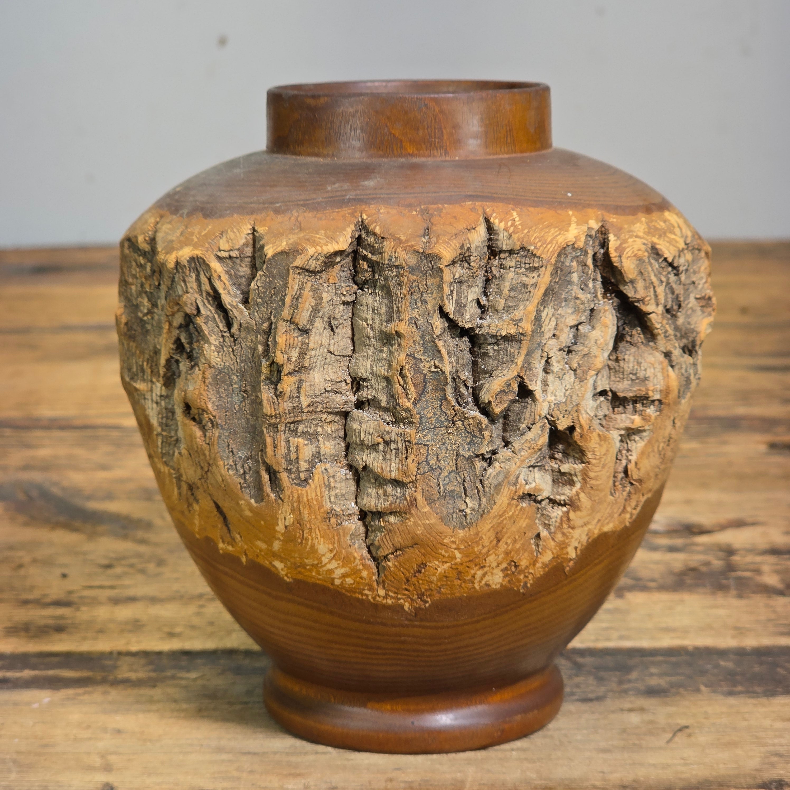 Vintage 1969 Japanese Live Edge Wood Vase Hand Turned Bark Nikko Art Pencil Hold