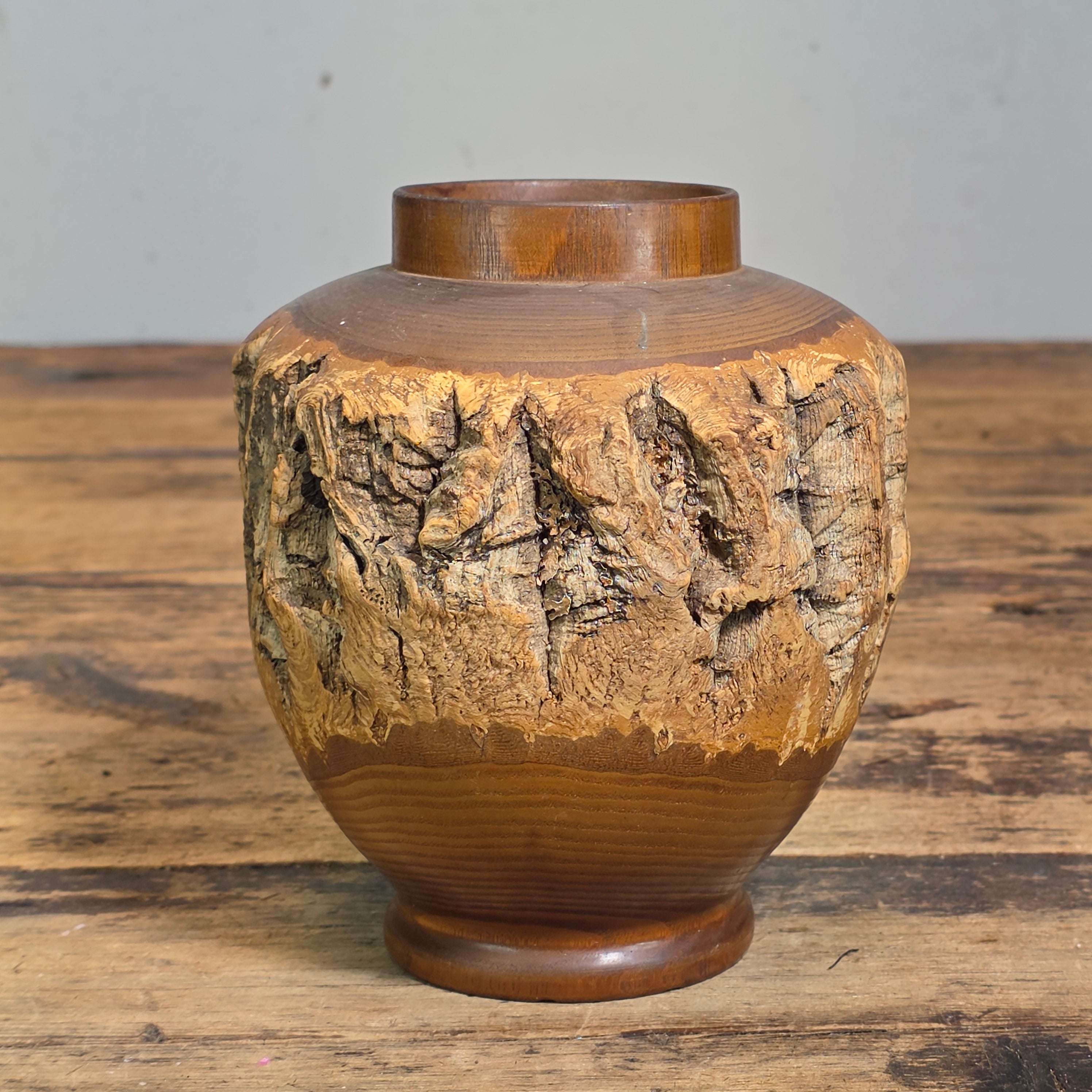 Vintage 1969 Japanese Live Edge Wood Vase Hand Turned Bark Nikko Art Pencil Hold