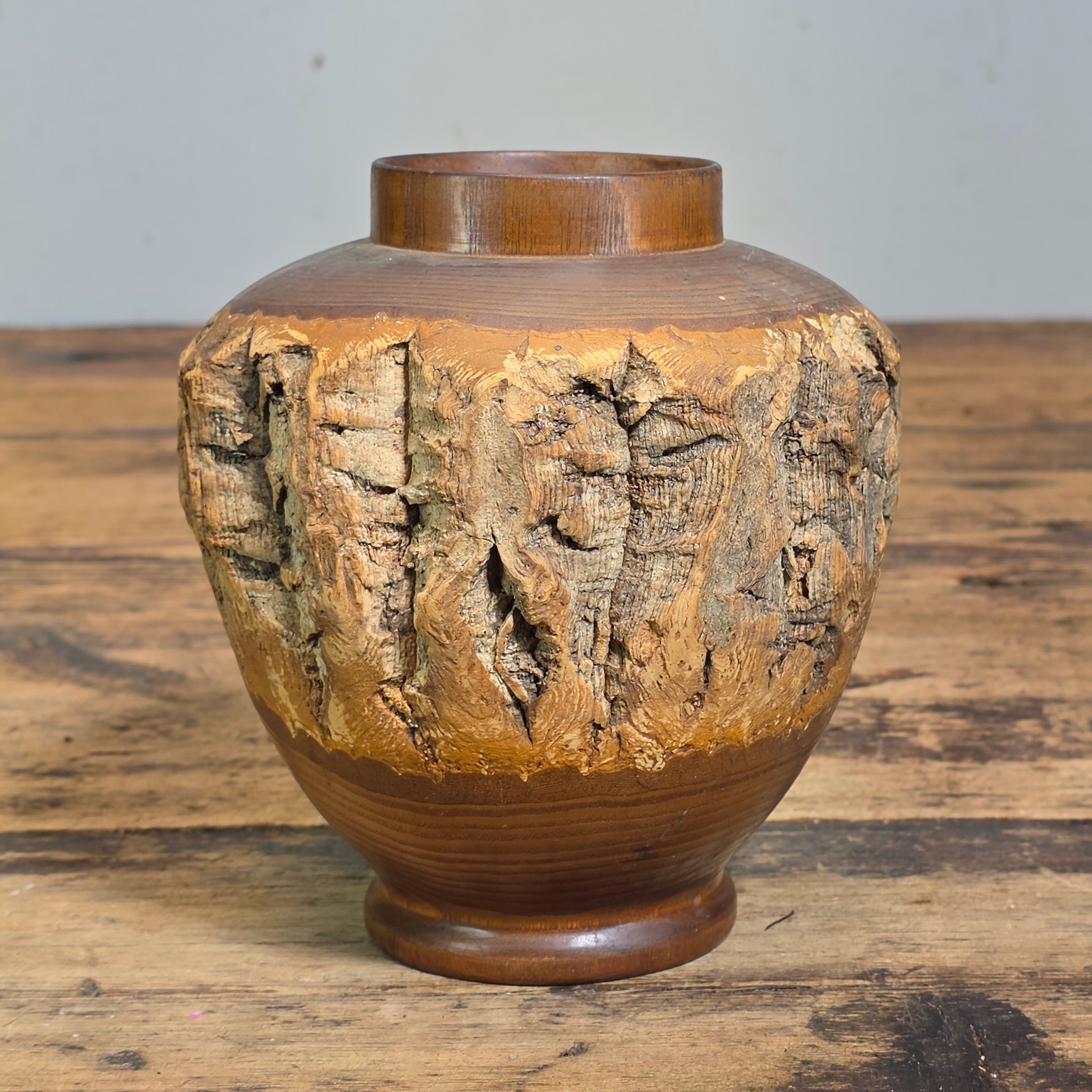 Vintage 1969 Japanese Live Edge Wood Vase Hand Turned Bark Nikko Art Pencil Hold