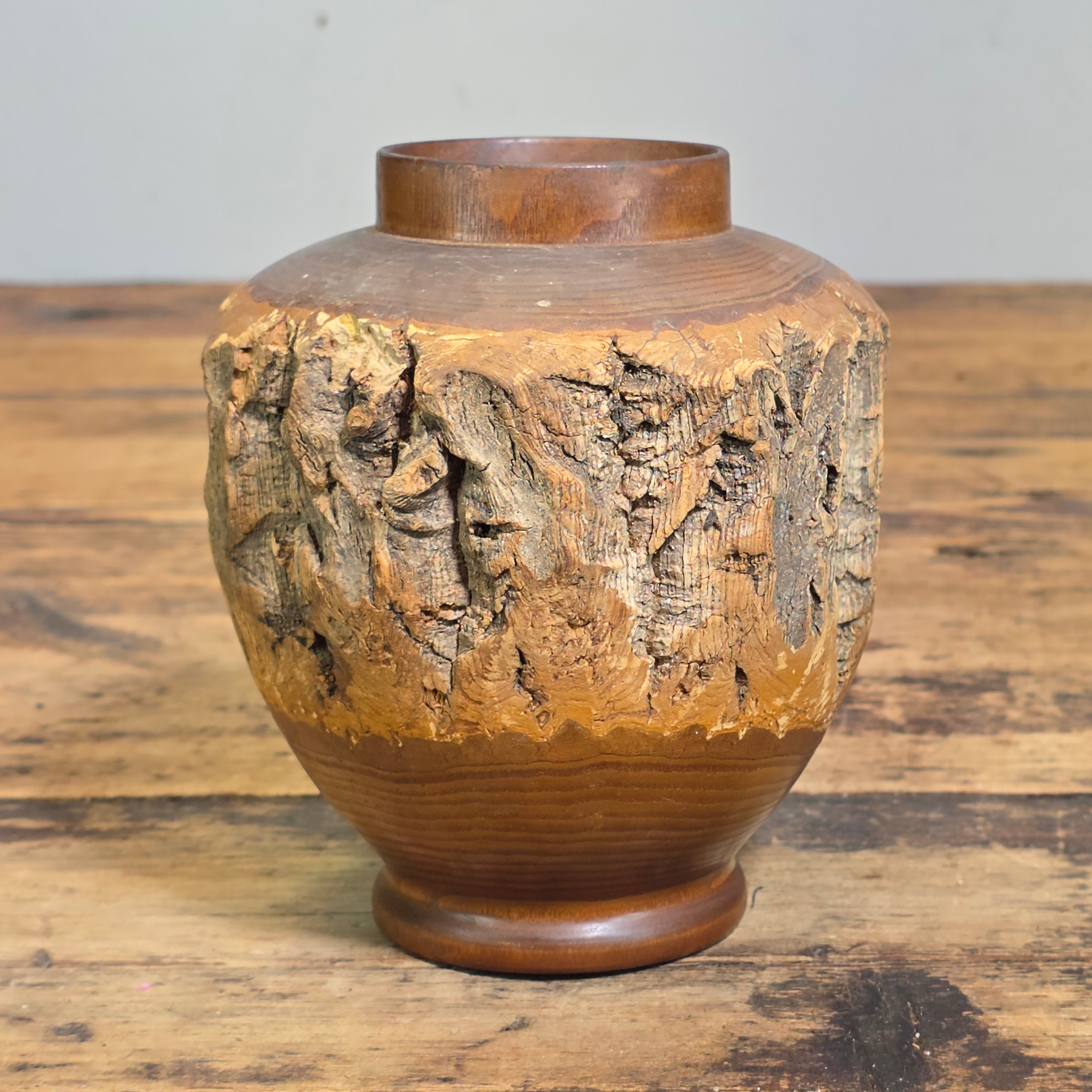 Vintage 1969 Japanese Live Edge Wood Vase Hand Turned Bark Nikko Art Pencil Hold