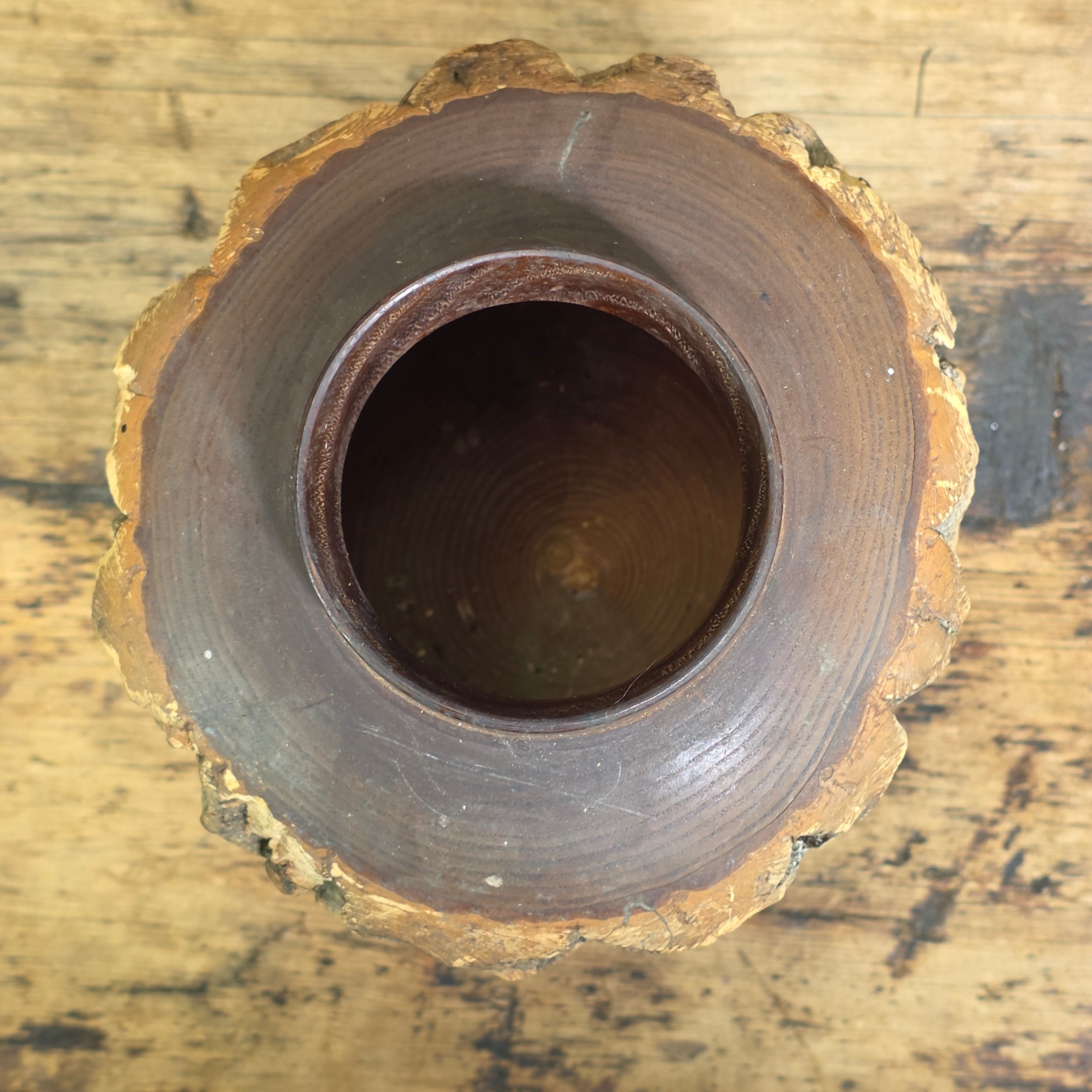 Vintage 1969 Japanese Live Edge Wood Vase Hand Turned Bark Nikko Art Pencil Hold