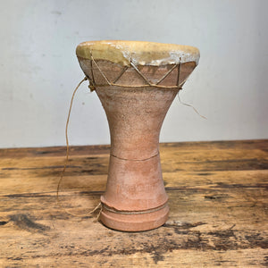 Vintage Moroccan Taarija Clay Hand Drum Terracotta Goat Skin Folk Art Percussion