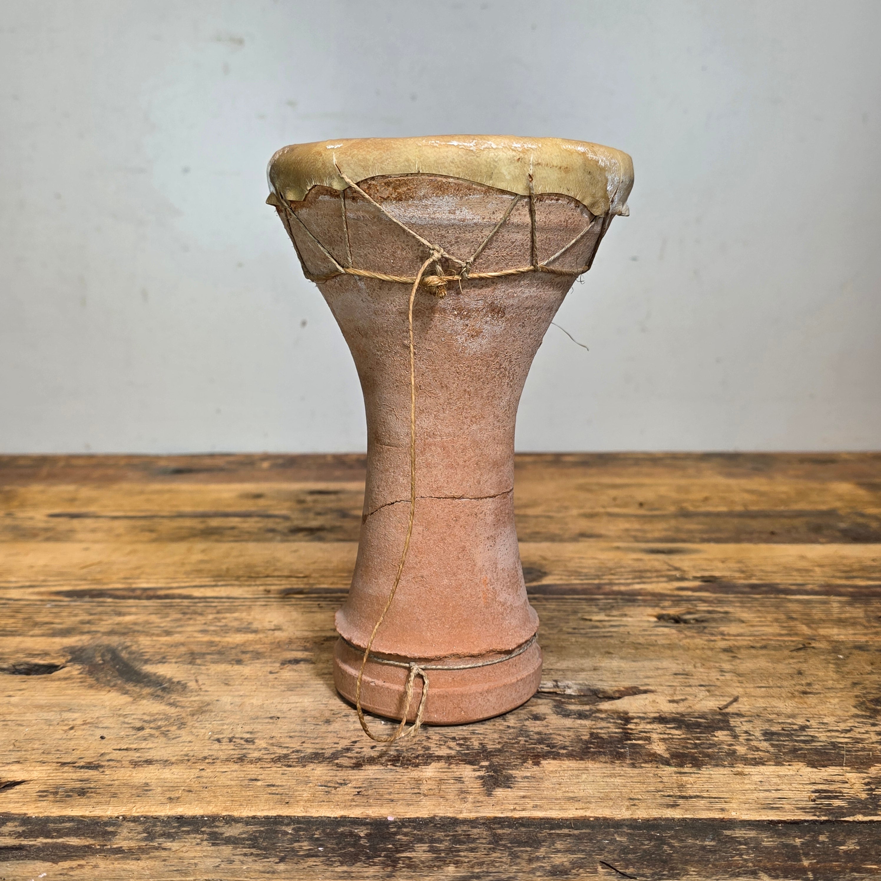 Vintage Moroccan Taarija Clay Hand Drum Terracotta Goat Skin Folk Art Percussion