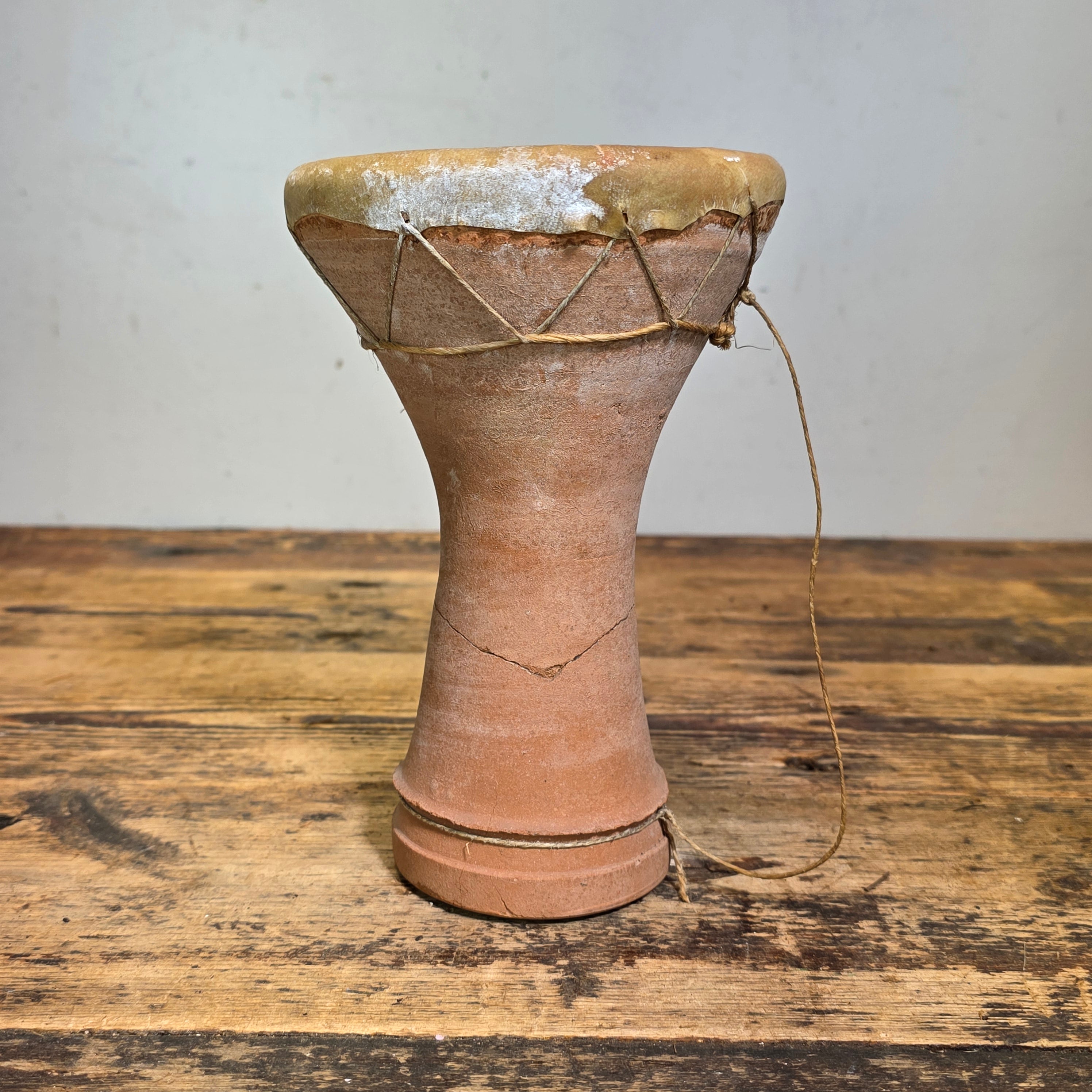 Vintage Moroccan Taarija Clay Hand Drum Terracotta Goat Skin Folk Art Percussion