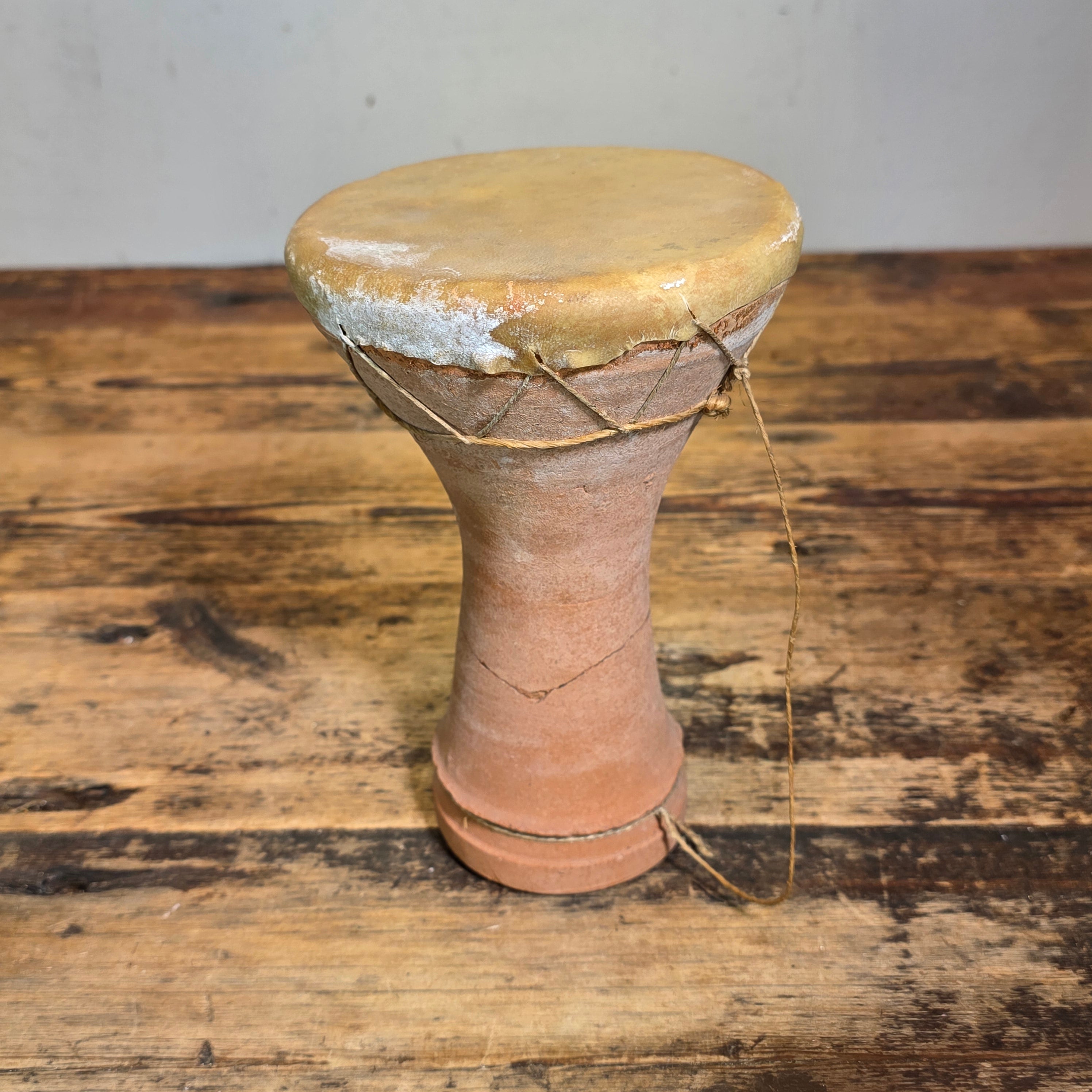 Vintage Moroccan Taarija Clay Hand Drum Terracotta Goat Skin Folk Art Percussion
